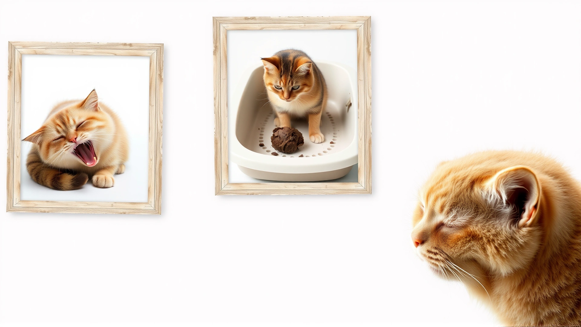 Collage style photo showing three small frames: a cat vomiting, a litter box with loose stool, and a cat scratching its ear, neutral background