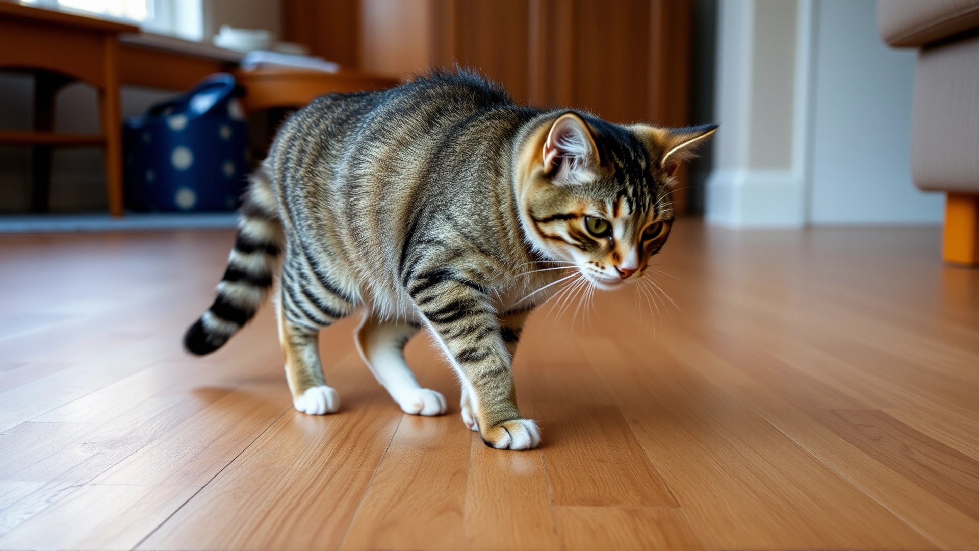 Tabby cat limping across a wooden floor at home, rear leg slightly raised, conveying discomfort.