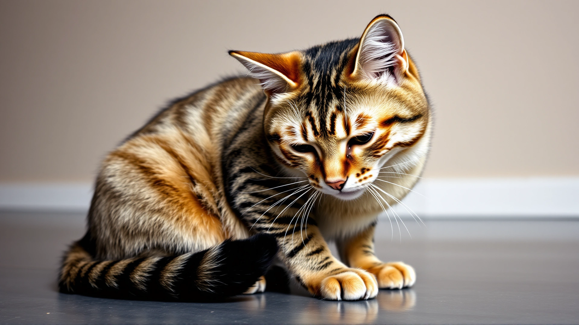 Tabby cat sitting with drooping head (ventroflexion) showing signs of muscle weakness, indoor setting, neutral background.