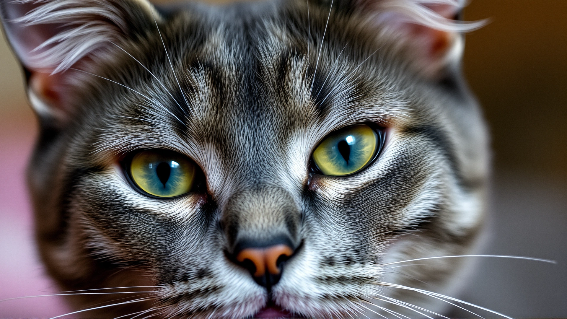 Close-up photo of a grey cat with unevenly dilated pupils, looking slightly disoriented.