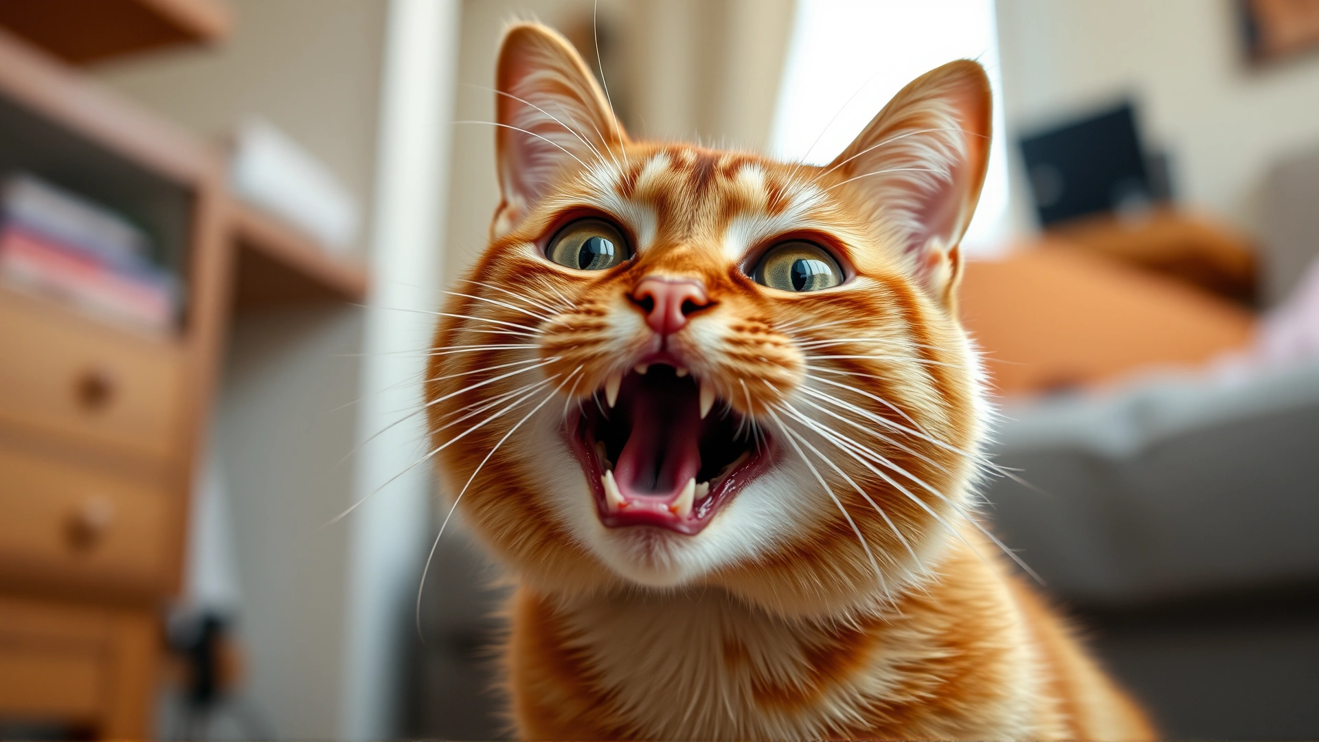 Anxious orange cat panting with wide eyes and open mouth, indoor setting, illustrating toxicity symptoms