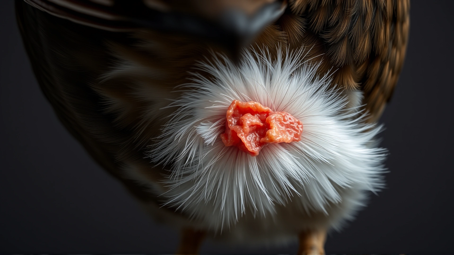 Close-up photo of a bird with a small reddish tissue protruding from the vent area to visualize cloacal prolapse symptoms, neutral background.