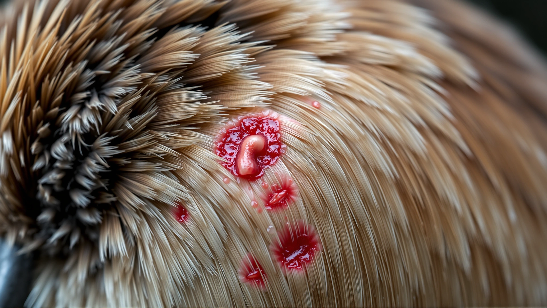 Macro shot of a bird’s skin with missing feathers and mild redness, illustrating common symptoms of skin infection.