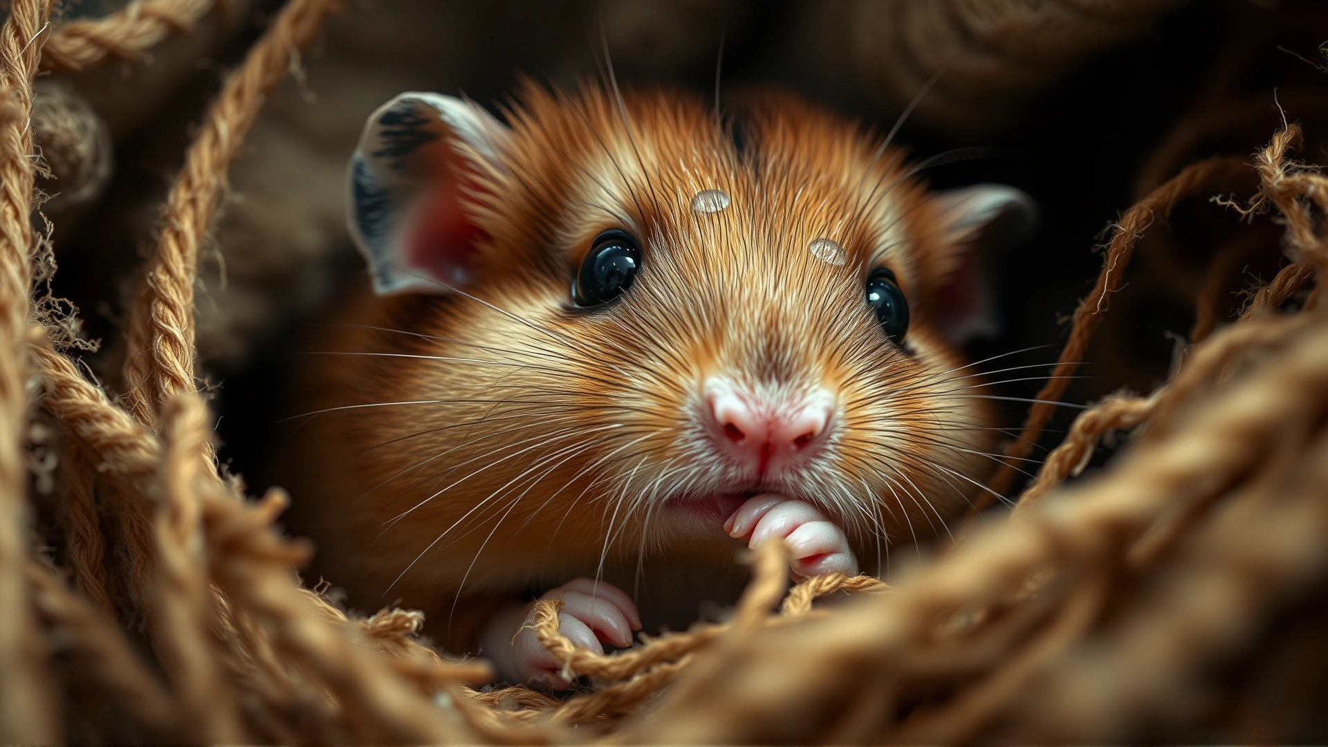Close-up of a sick hamster huddled in bedding, with watery eyes, looking lethargic