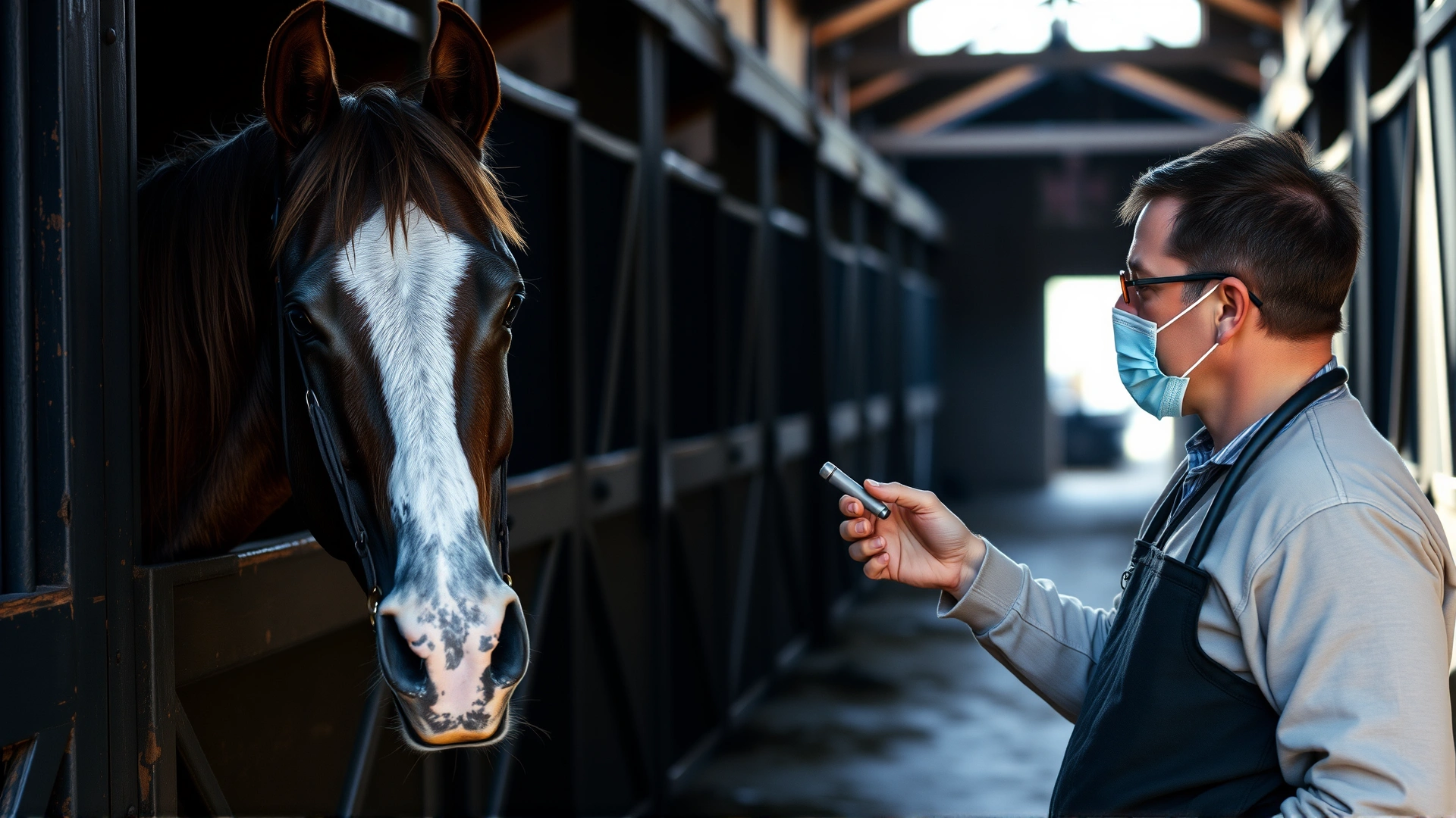 A worried owner and veterinarian checking the pale gums of a fatigued horse in a barn aisle.