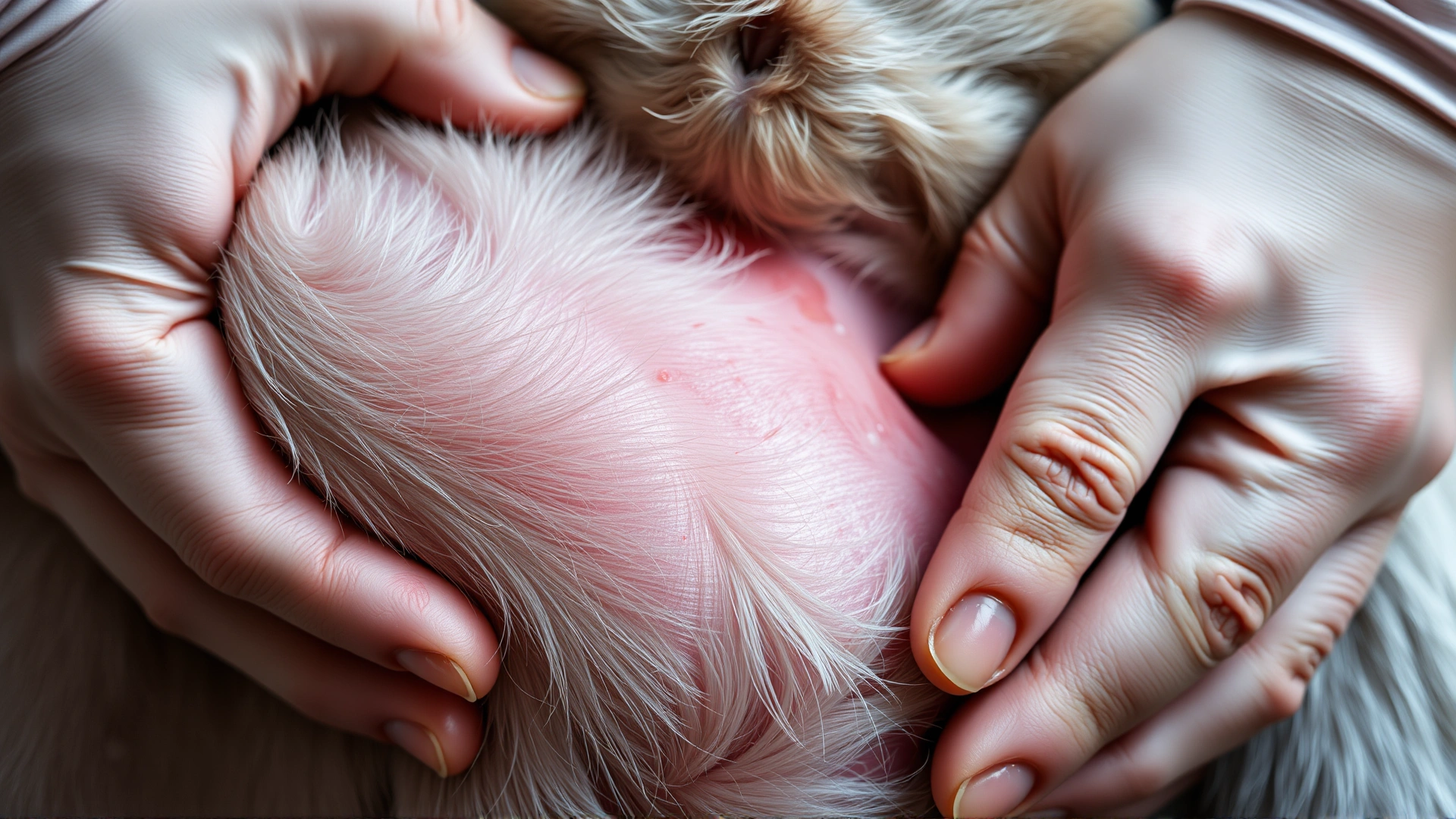 Close-up of a dog's belly area with parted fur revealing mildly reddened skin, owner hands visible for scale; clinical yet gentle