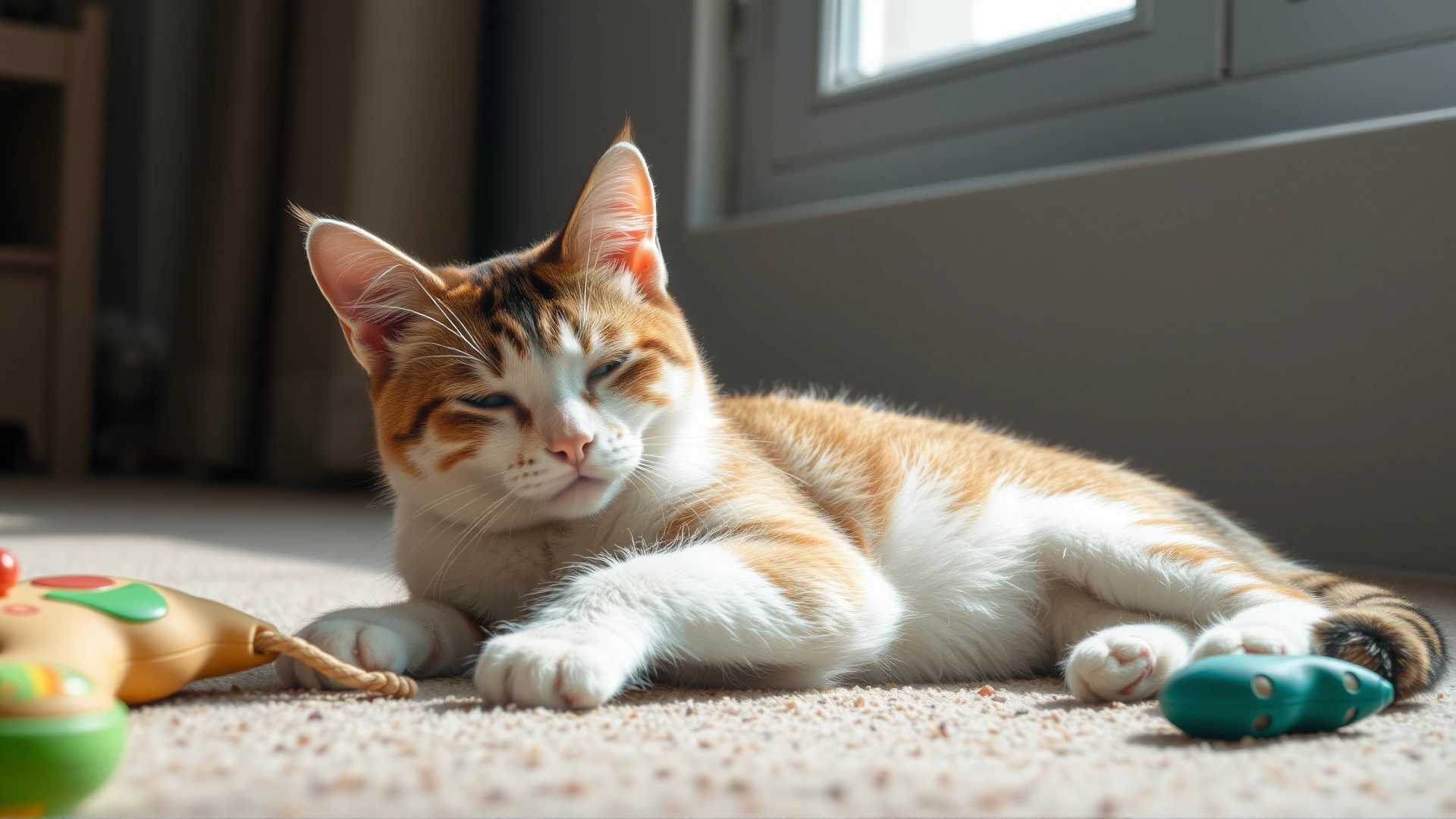 Photo of an indoor domestic cat looking lethargic while lying next to an untouched toy, soft natural daylight coming from a window.