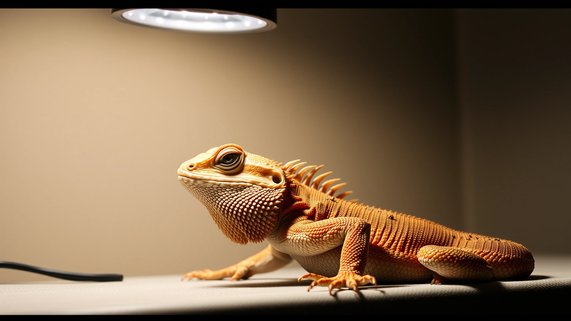 Thin bearded dragon resting under a heat lamp, looking lethargic and slightly emaciated, neutral background