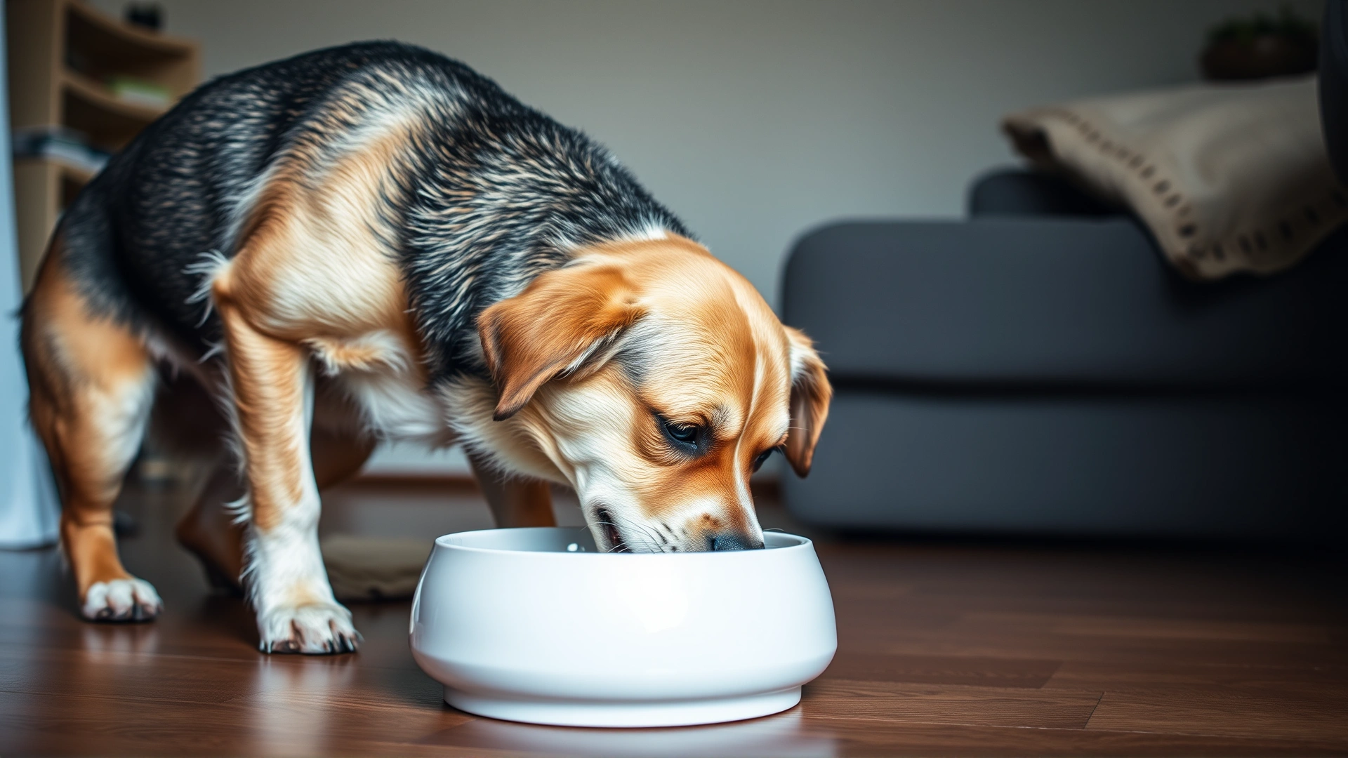 Photo of a thirsty dog eagerly drinking from a water bowl in a home setting, emphasizing excessive thirst symptom.