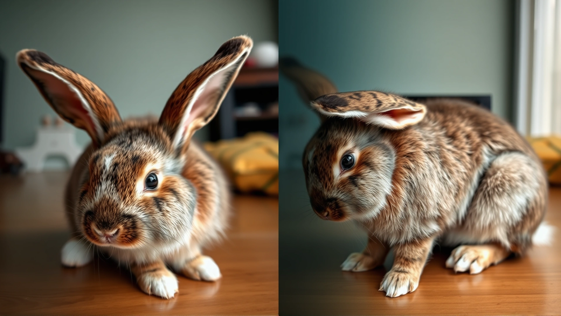 Photo collage style image of a rabbit displaying lethargy, loss of appetite, and abnormal urine coloration, captured in natural home environment, no text.