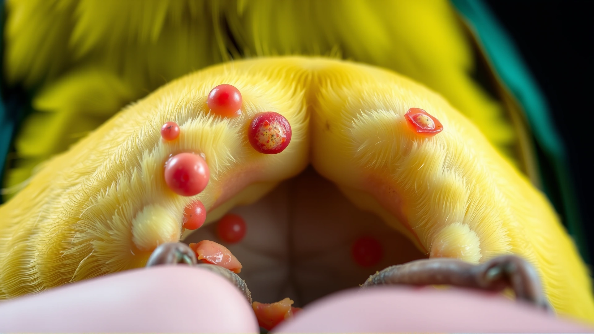 Macro shot of a parrot’s cloacal area displaying small wart-like lesions, clinical setting, no text