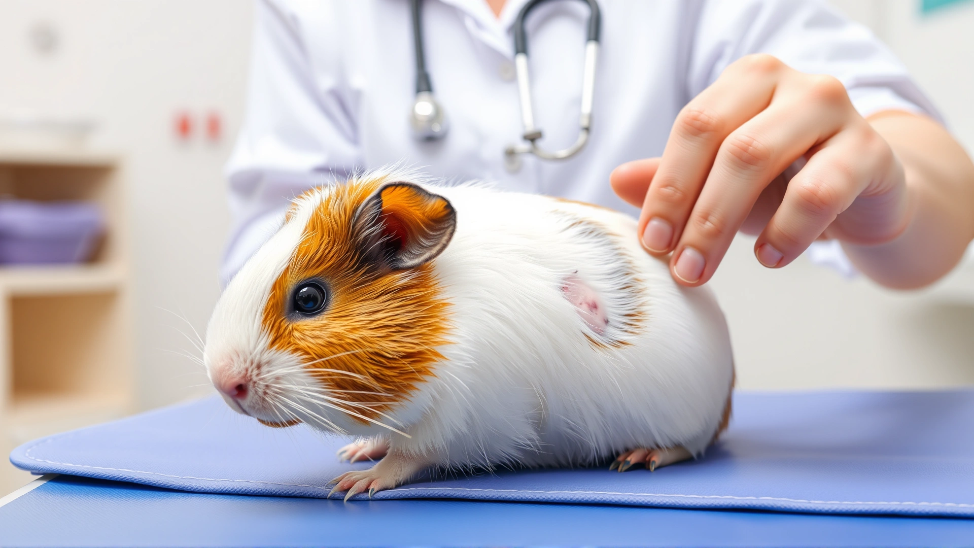 Adult female guinea pig sitting on a vet examination table showing visible hair loss on its flanks, with a caring veterinarian pointing gently to the bald patch, bright clinic setting, high-resolution.