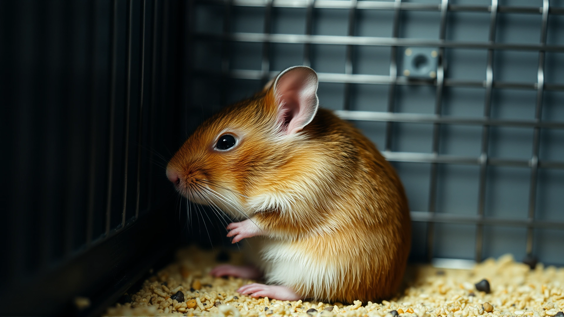 Side view of a lethargic hamster sitting in a small cage corner, subdued lighting to express illness