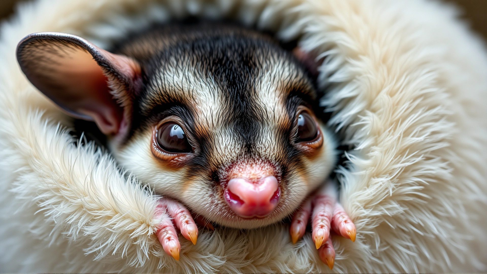 Close-up of a sugar glider with sunken eyes and dull fur, resting lethargically inside a pouch, illustrating visible dehydration symptoms