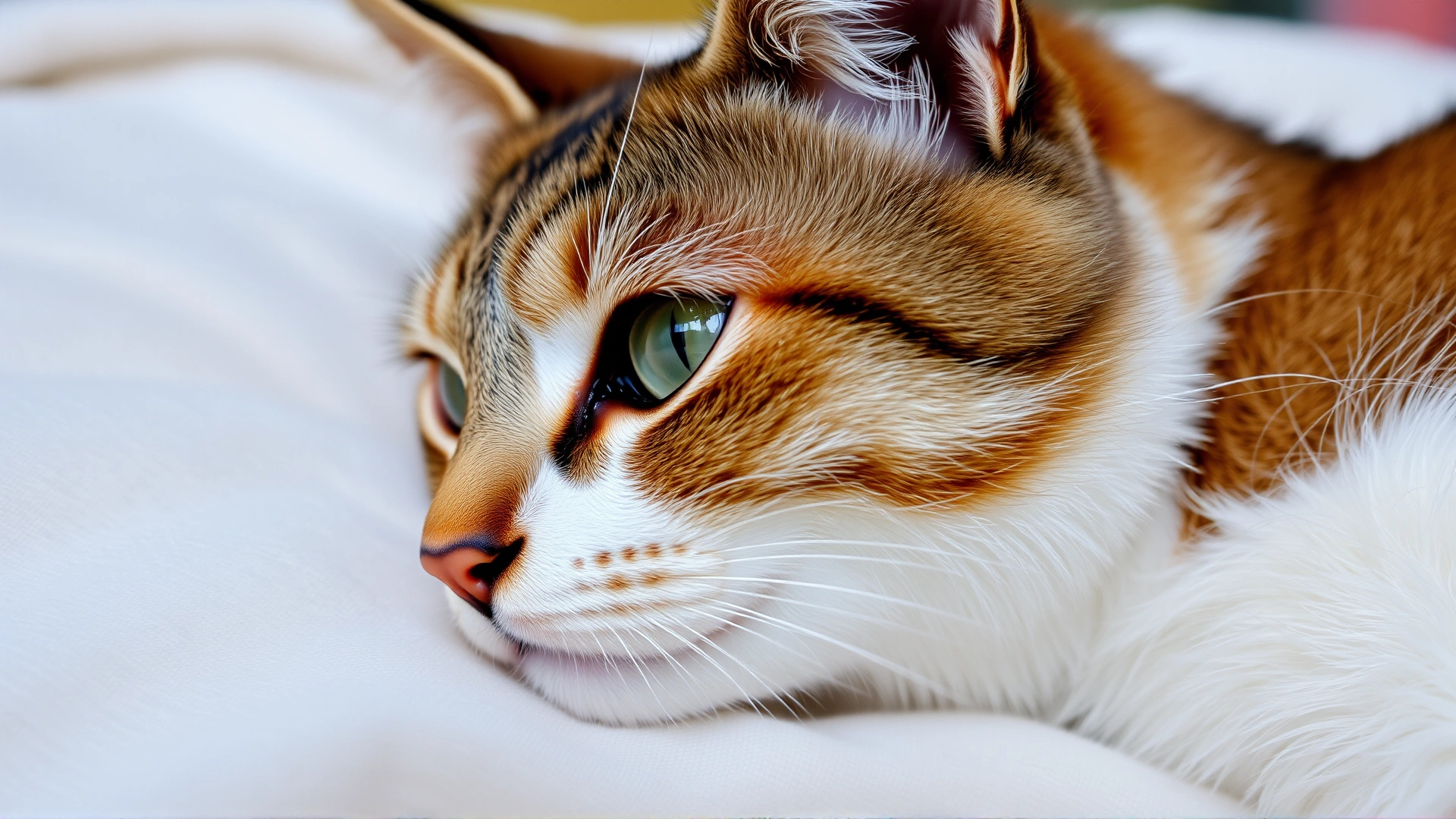Domestic cat with brown tear staining under the eyes, lying on a light blanket
