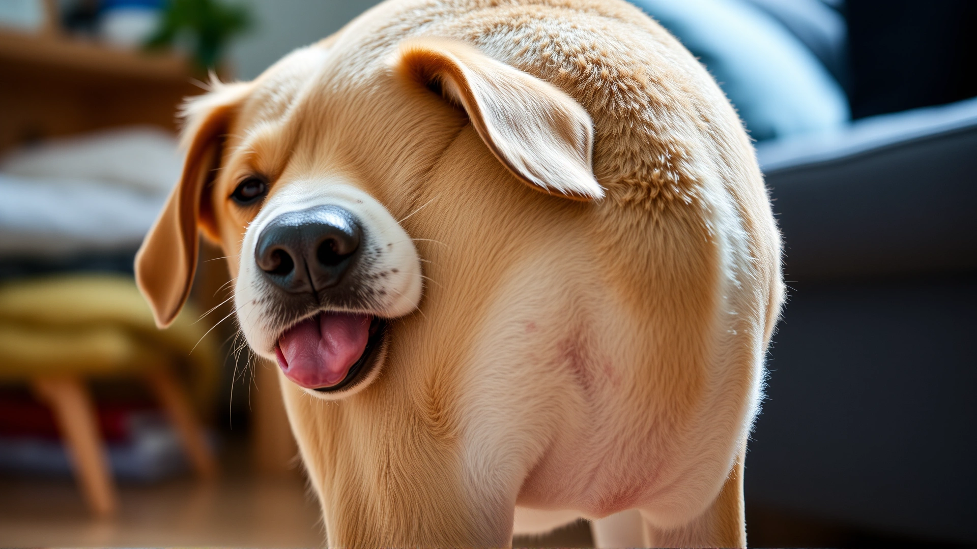 Close-up of a dog licking its hind area, illustrating discomfort, indoor setting.