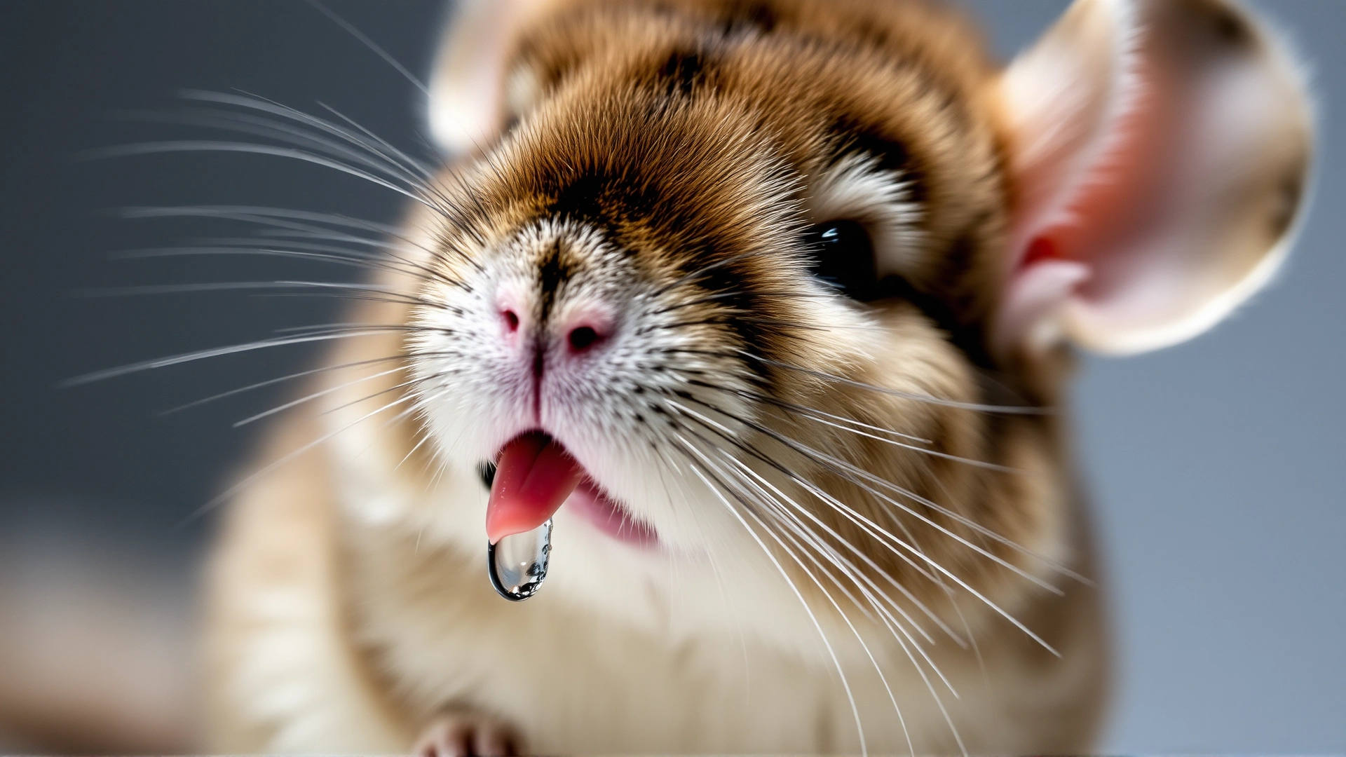 Macro shot of a chinchilla with wet fur under its chin, illustrating drooling as a symptom, neutral background.