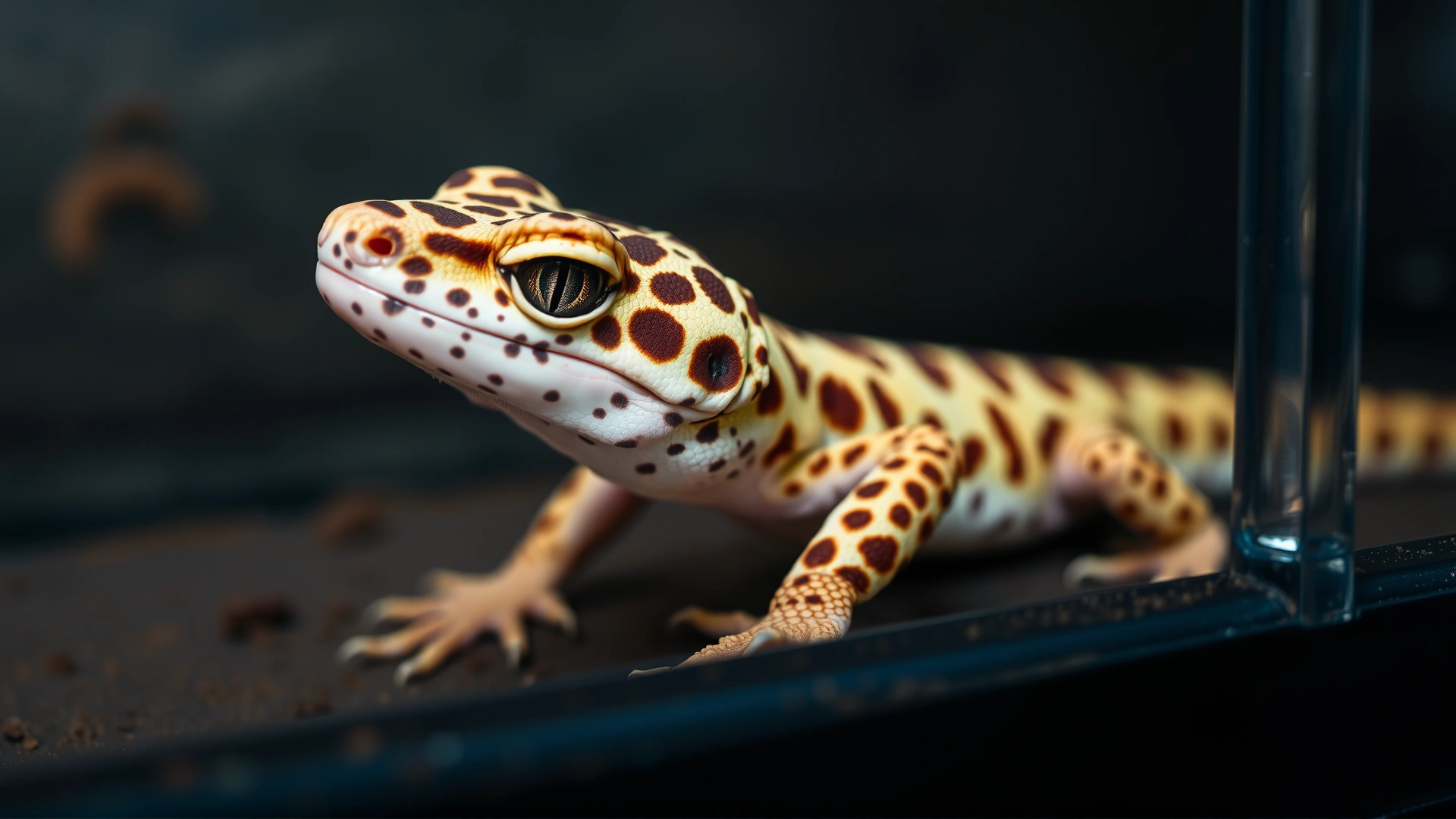 Close-up of a lethargic leopard gecko inside its enclosure, looking thin and dull, illustrating symptoms of internal worm infection.