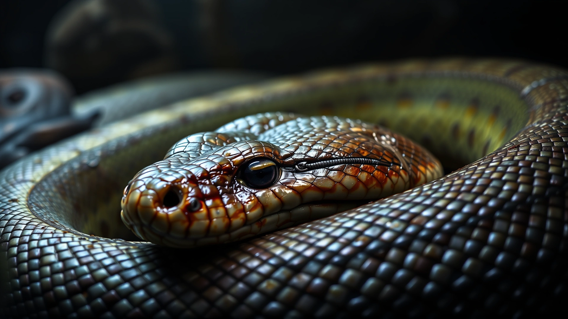 Close-up of a lethargic snake with dull scales and half-closed eyes resting in a dim enclosure, illustrating visible sickness symptoms.
