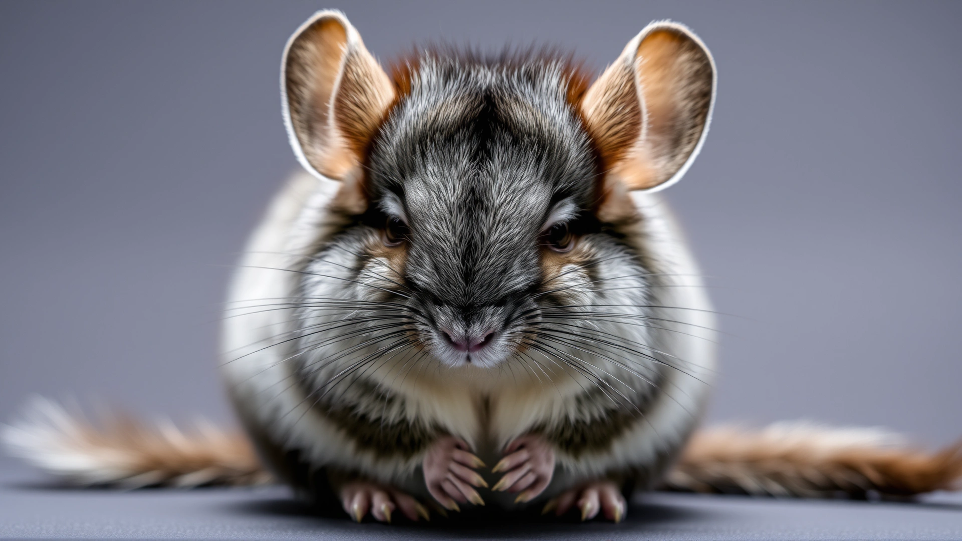 Medium shot of a chinchilla sitting hunched and looking lethargic to illustrate early symptoms of stomach ulcers