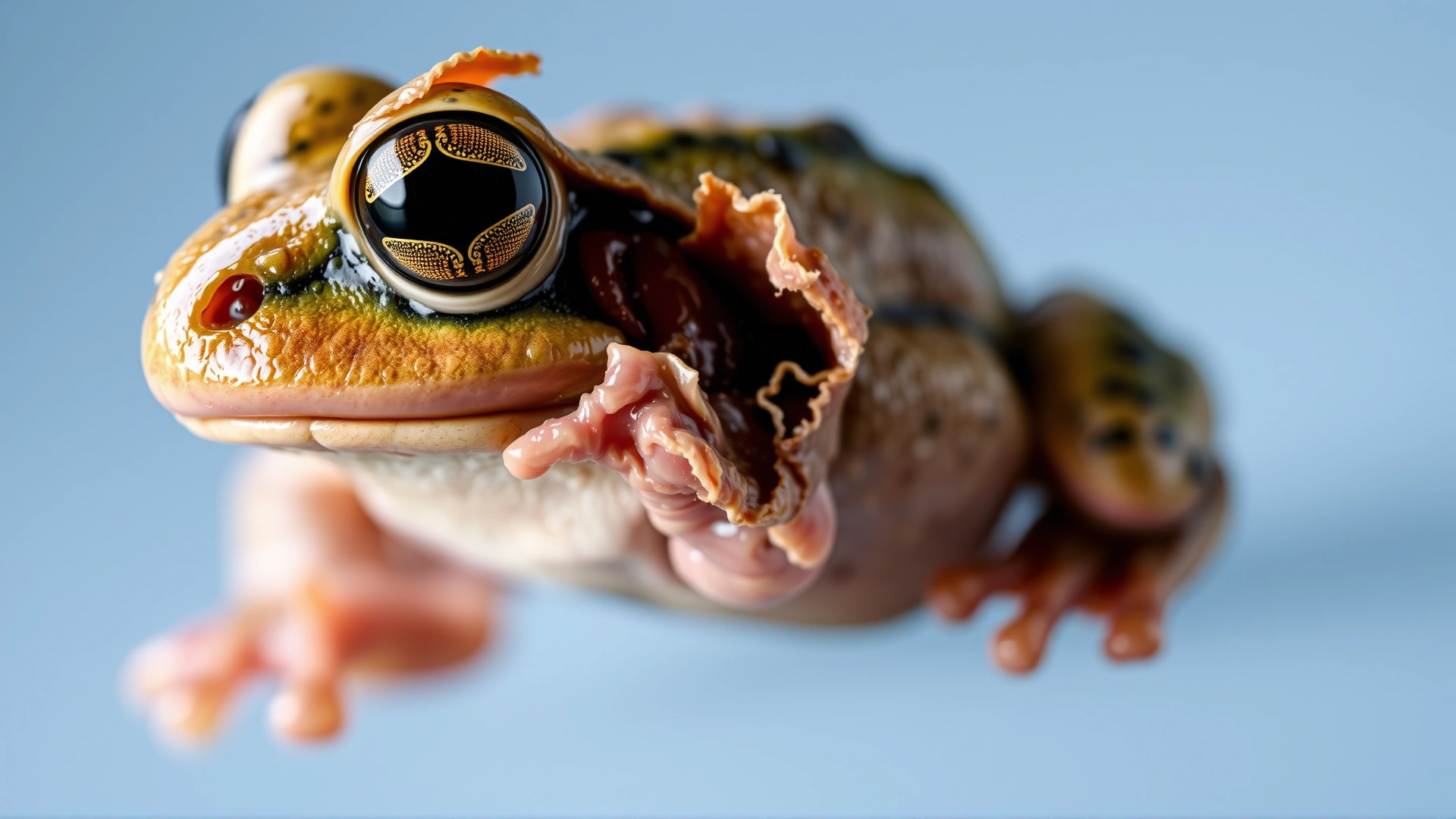 Macro shot of a frog’s foot with visible peeling and flaking skin caused by chytridiomycosis.