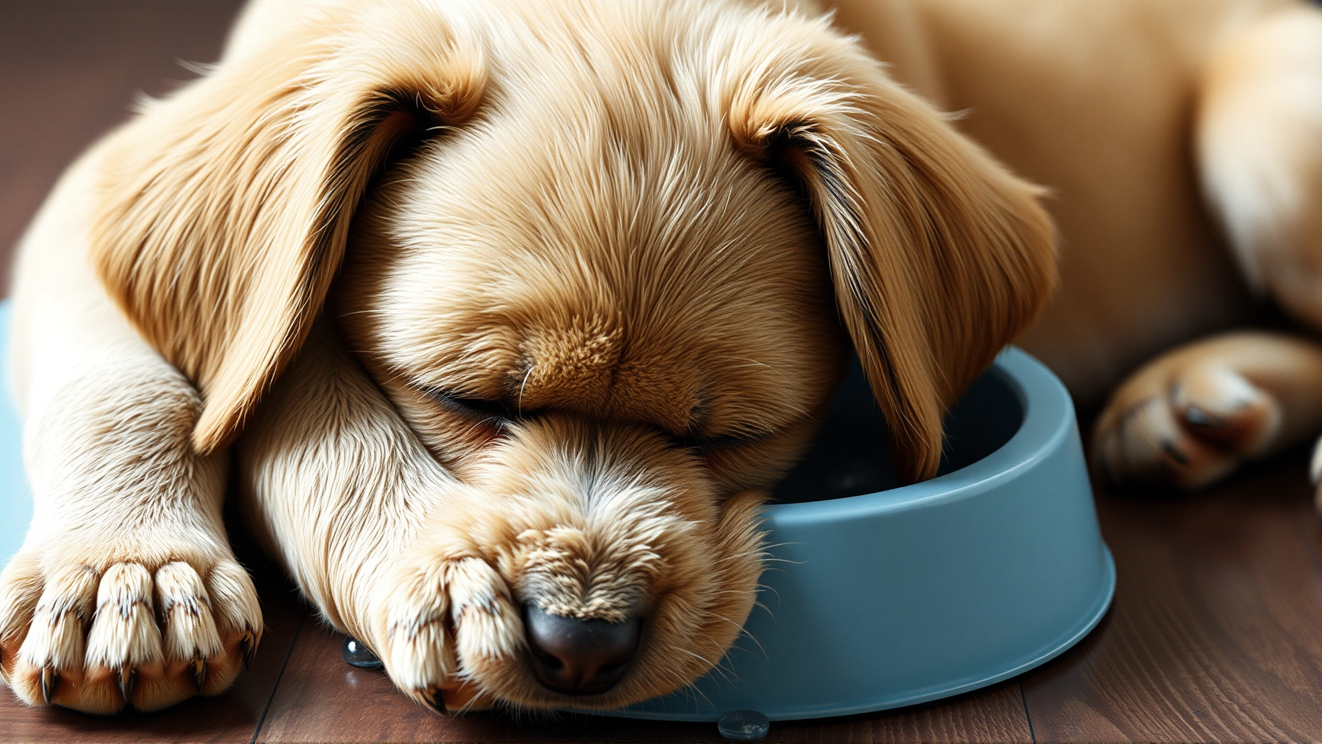 Close-up of a puppy showing fatigue and dehydration signs, lying next to a water bowl it refuses to drink from