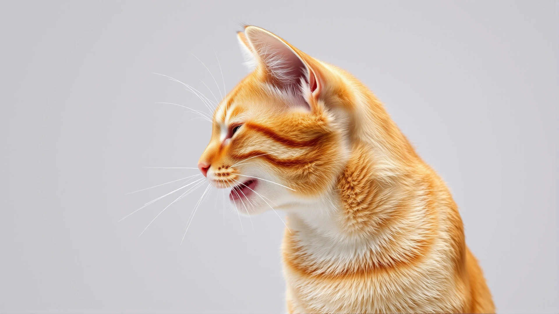 Side profile of an orange tabby cat mid-sneeze with visible droplets against a neutral backdrop, illustrating respiratory symptoms.