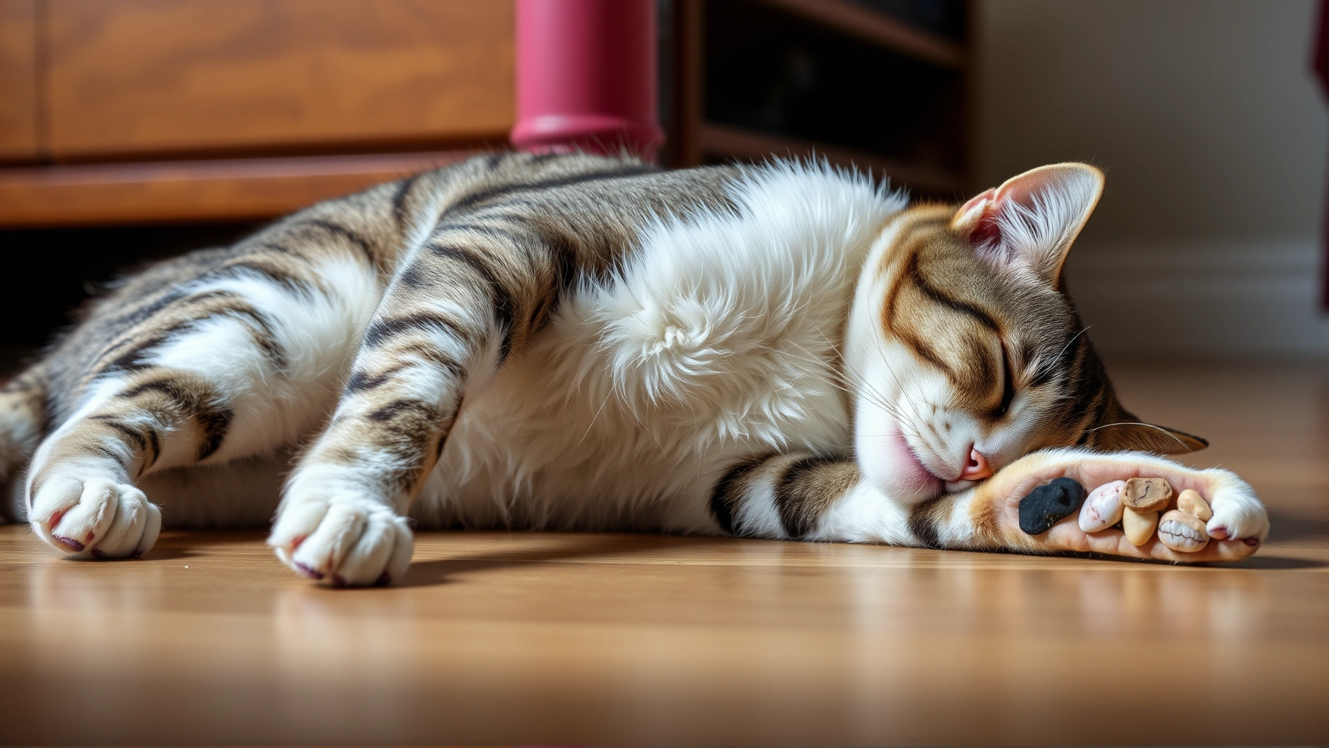 Domestic cat lying on its side with its neck bent downward, looking fatigued, illustrating muscle weakness, indoor setting