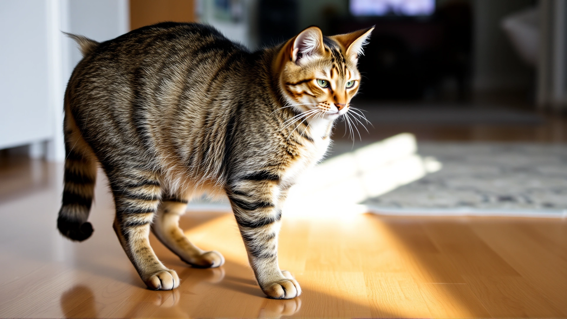 Tabby cat standing stiffly on a hardwood floor with an arched back, illustrating muscular rigidity, soft indoor lighting