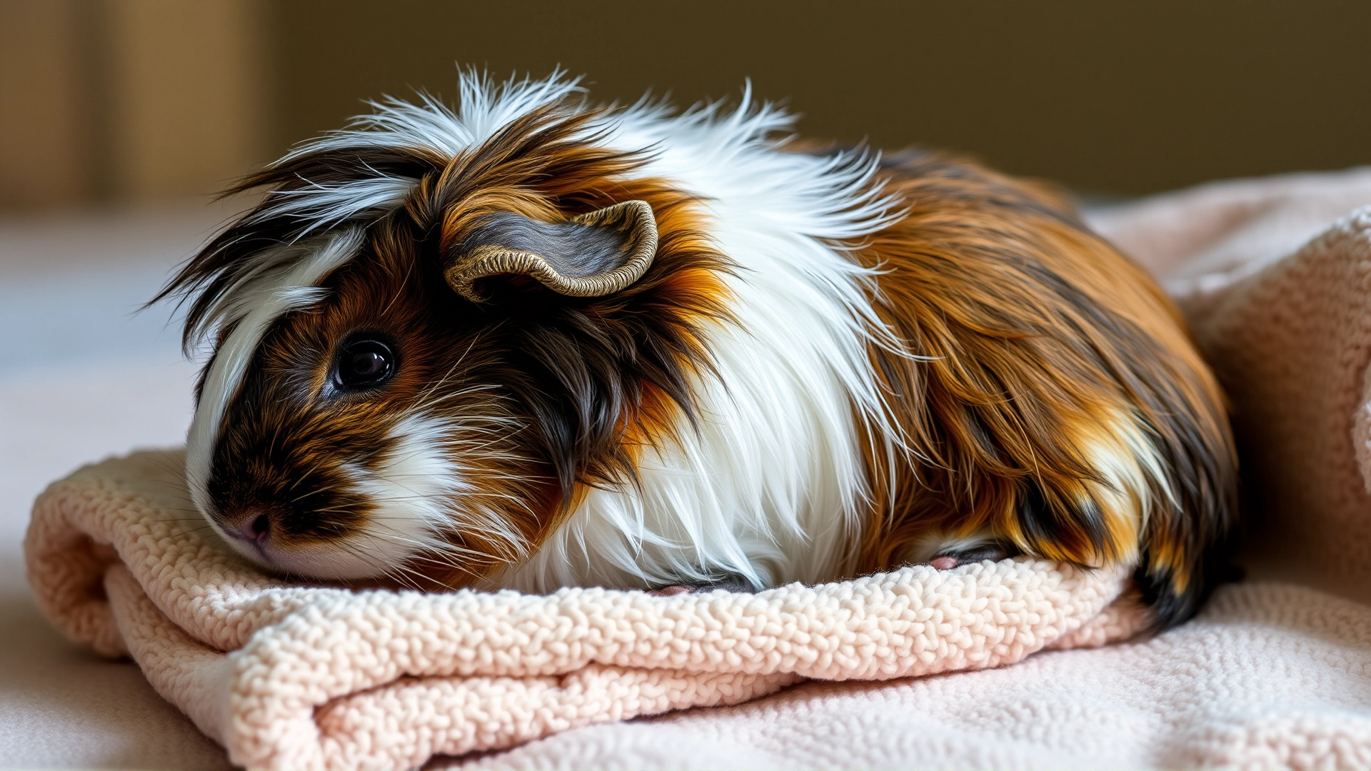 Guinea pig lying on its side on a soft towel with slightly ruffled fur, highlighting a moment of lethargy after a seizure.