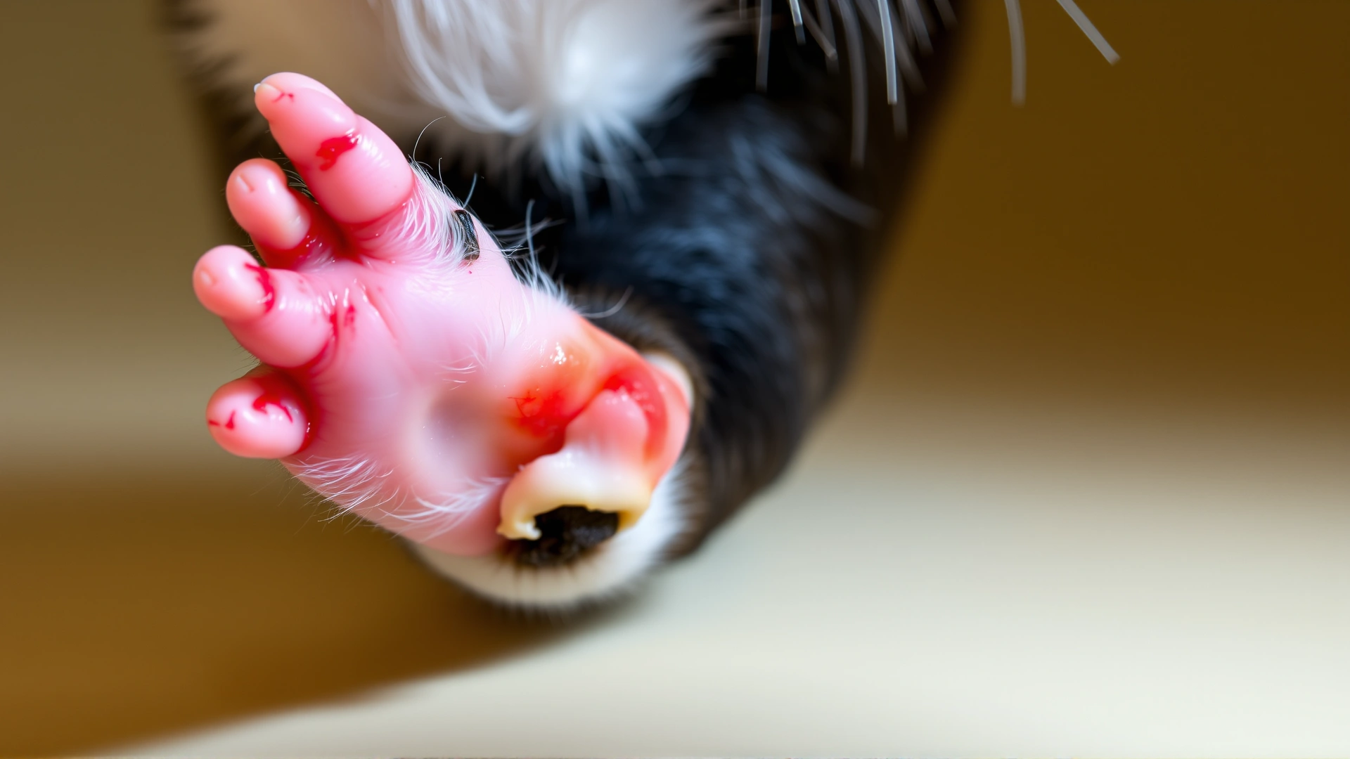 Macro shot of the underside of a guinea pig’s foot displaying redness, mild swelling, and a scab, photographed on a neutral background for medical clarity.