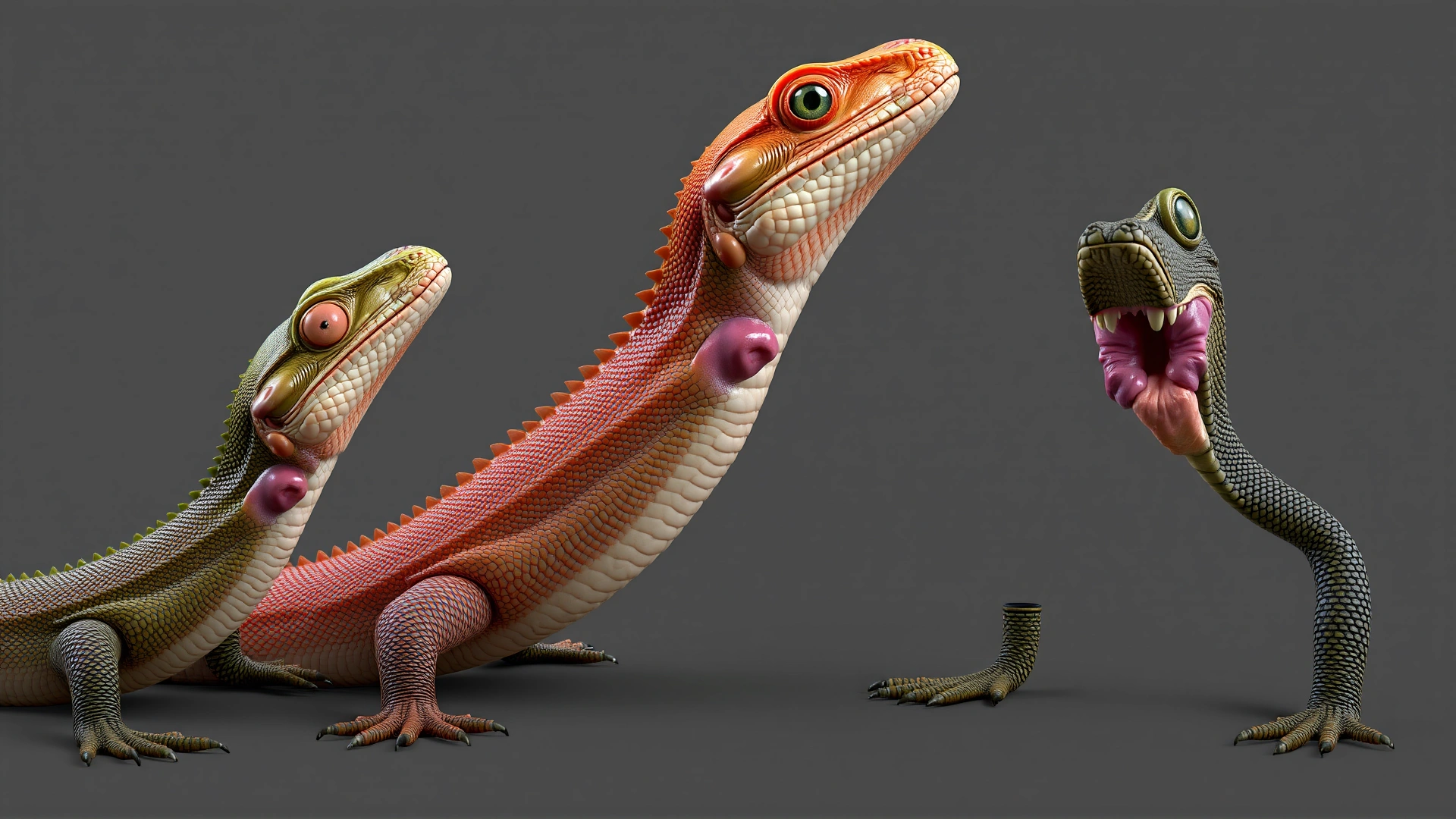 Series of three reptiles each showing different skin symptoms like swelling, abscess, and discoloration, studio background, even lighting