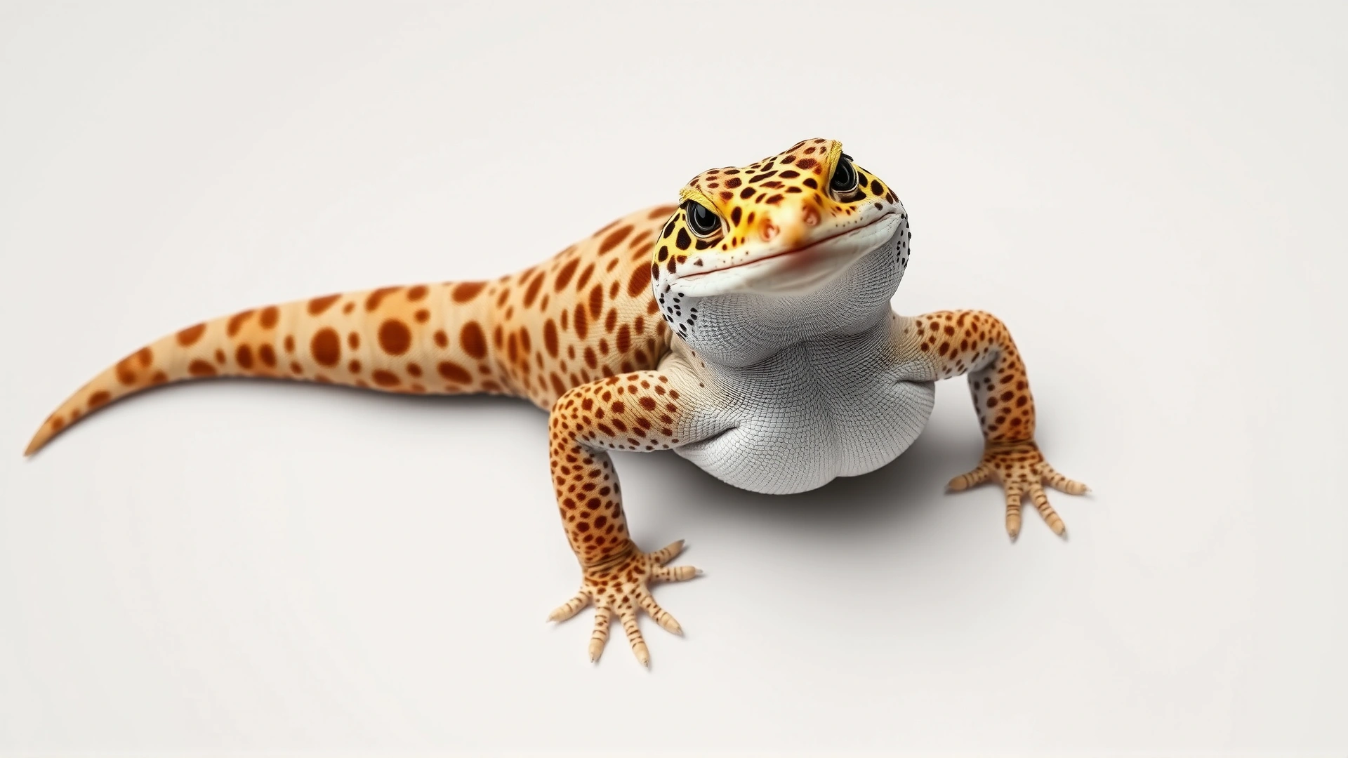 An overweight leopard gecko with visible fat pockets in its armpits photographed from above, plain background
