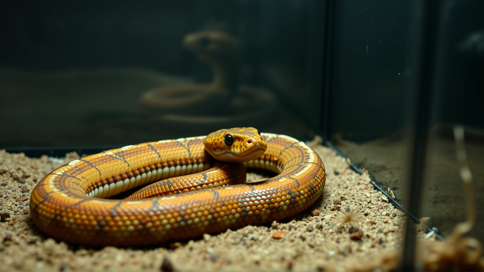 A visibly emaciated corn snake coiled loosely inside an enclosure, highlighting the weight loss symptom associated with cryptosporidiosis.