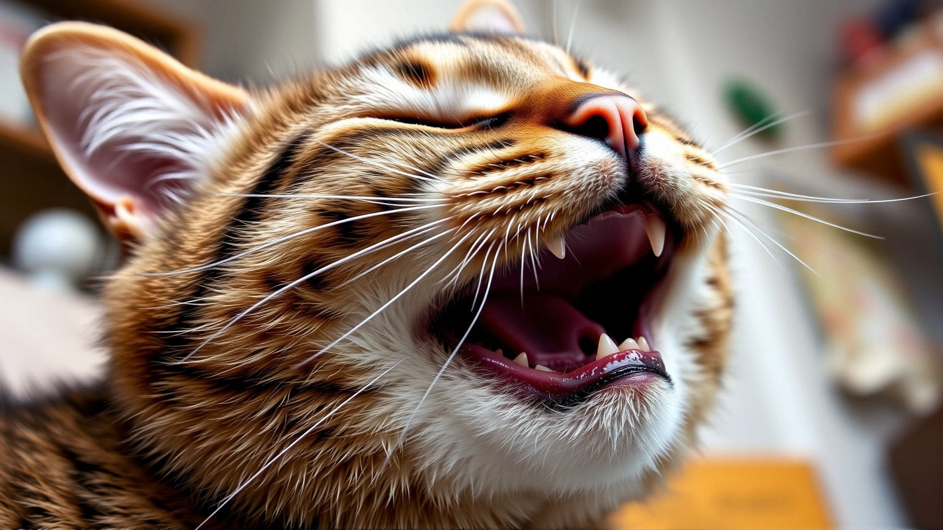 Close-up image of a tabby cat breathing with mouth slightly open and neck extended, showing visible respiratory distress, indoor setting