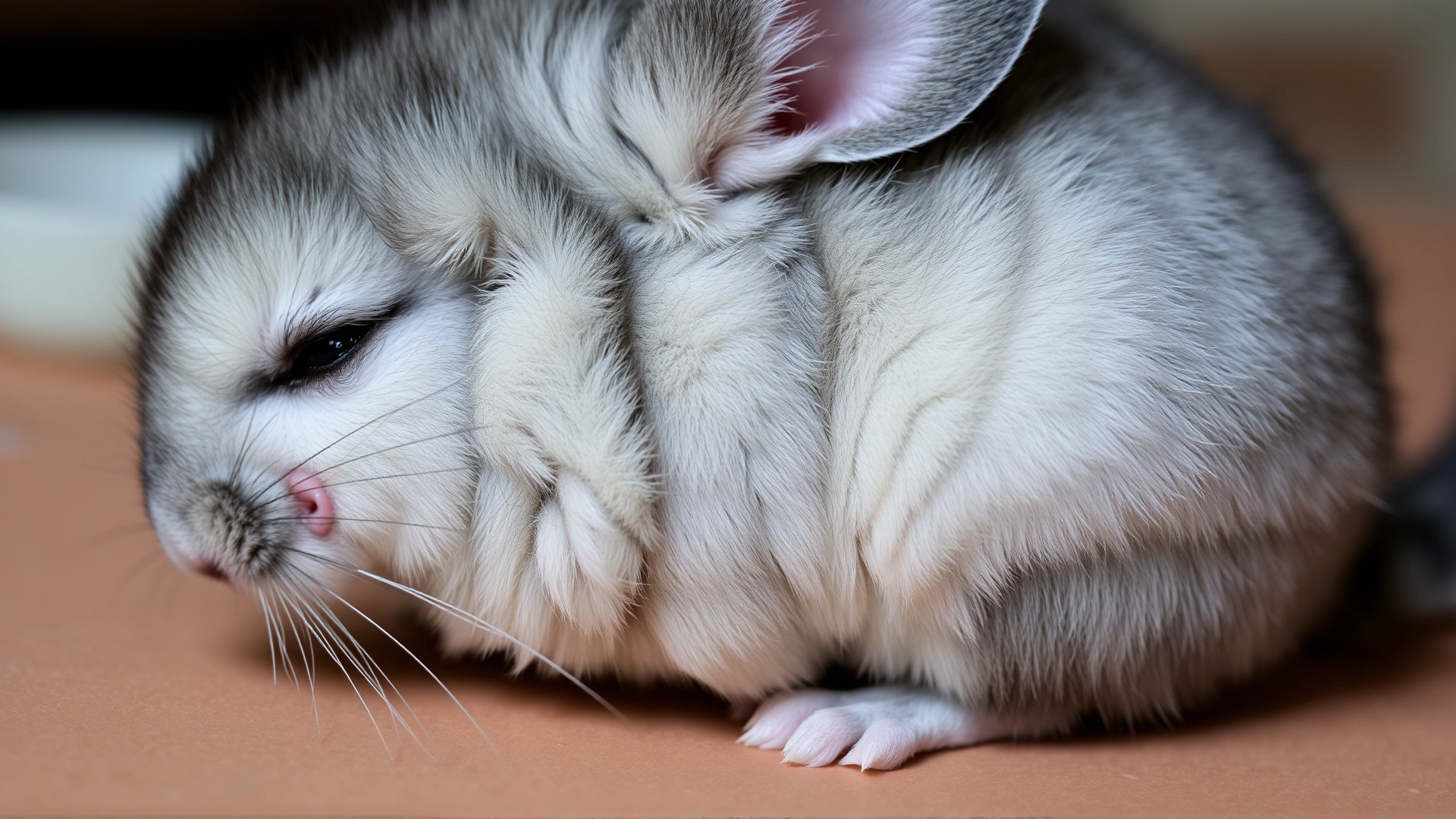 Close-up shot of a chinchilla showing signs of restlessness and a slightly swollen abdomen