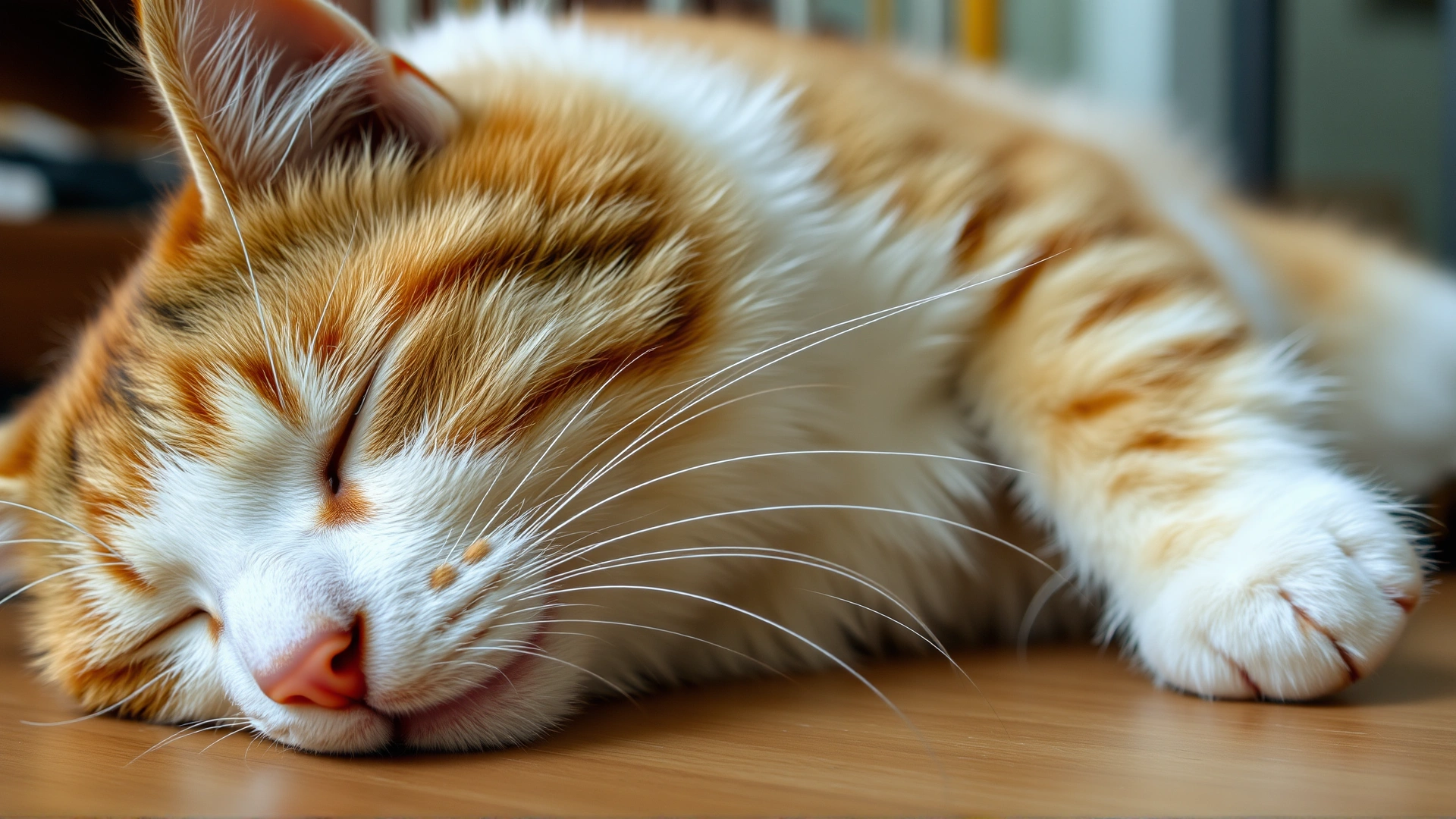 Indoor cat lying on its side looking lethargic, close-up view of pale gums visible