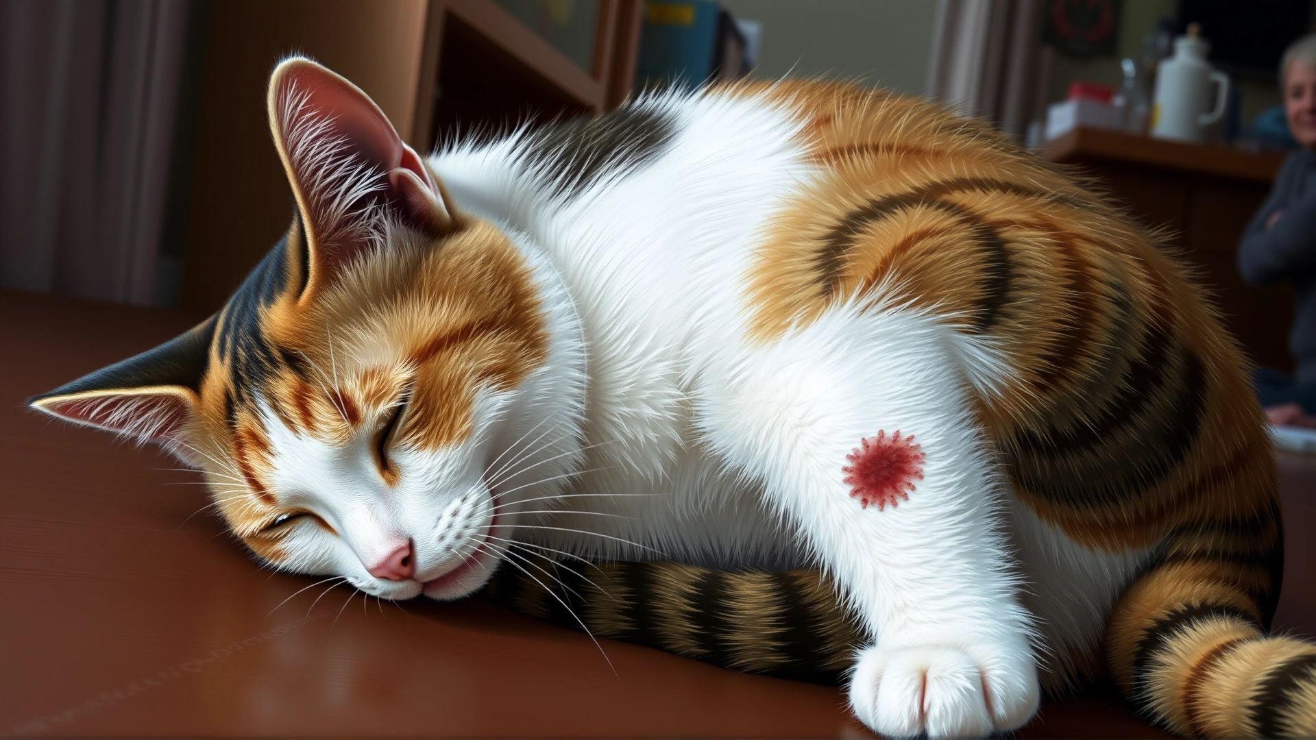 Illustrative scene of a calico mother cat looking tired and lethargic, with a subtle dark discharge visible near her hindquarters, set in a home environment. No text.