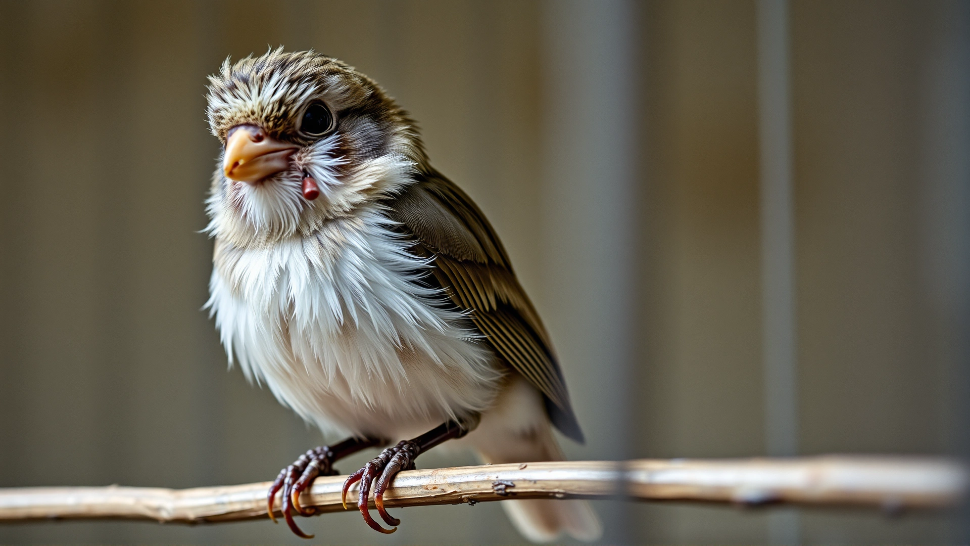 A small bird perched with fluffed feathers and drooping posture inside a cage, illustrating visible signs of illness.