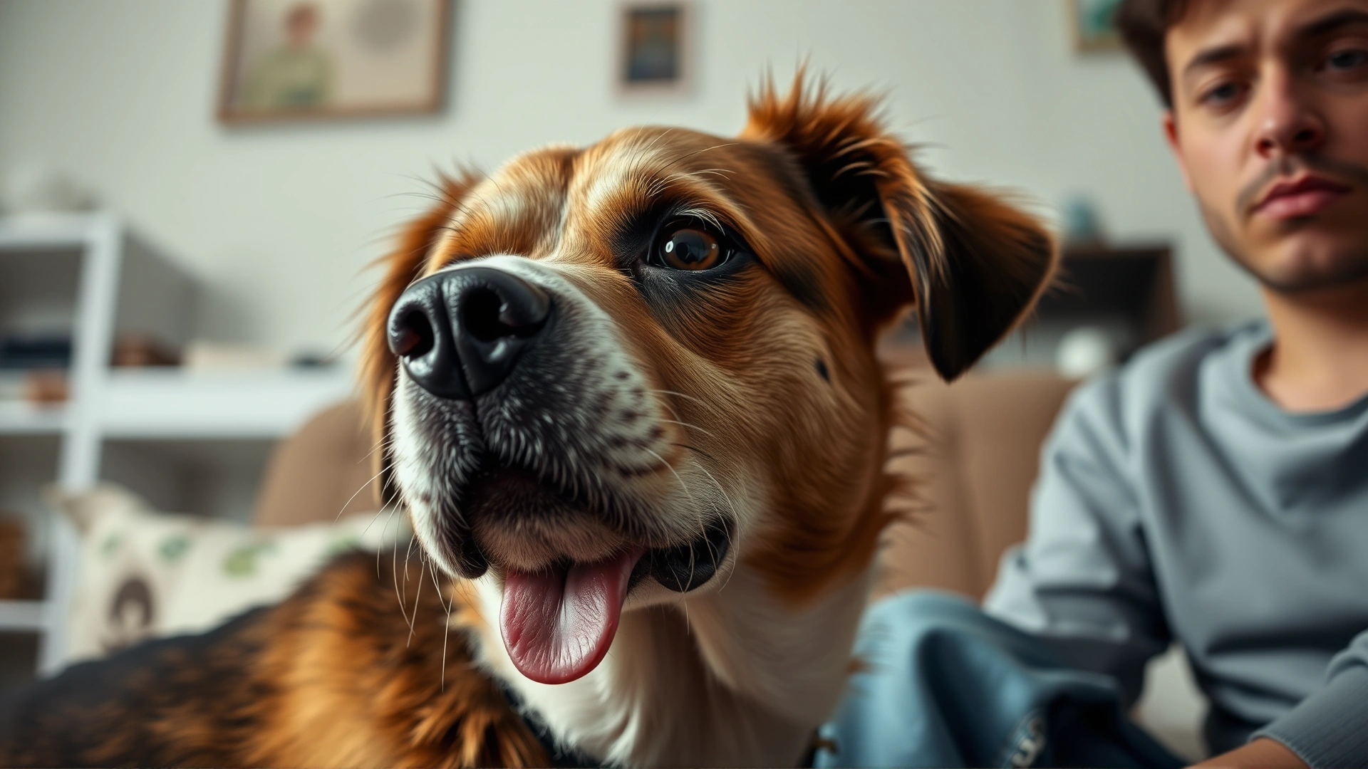 Medium shot of a concerned dog showing mild drooling and lethargy, owner looking worried; interior home setting.