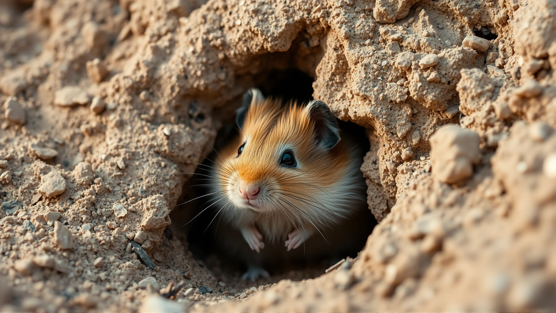 Golden Syrian hamster peeking out from a small rocky burrow in desert terrain; natural soft lighting