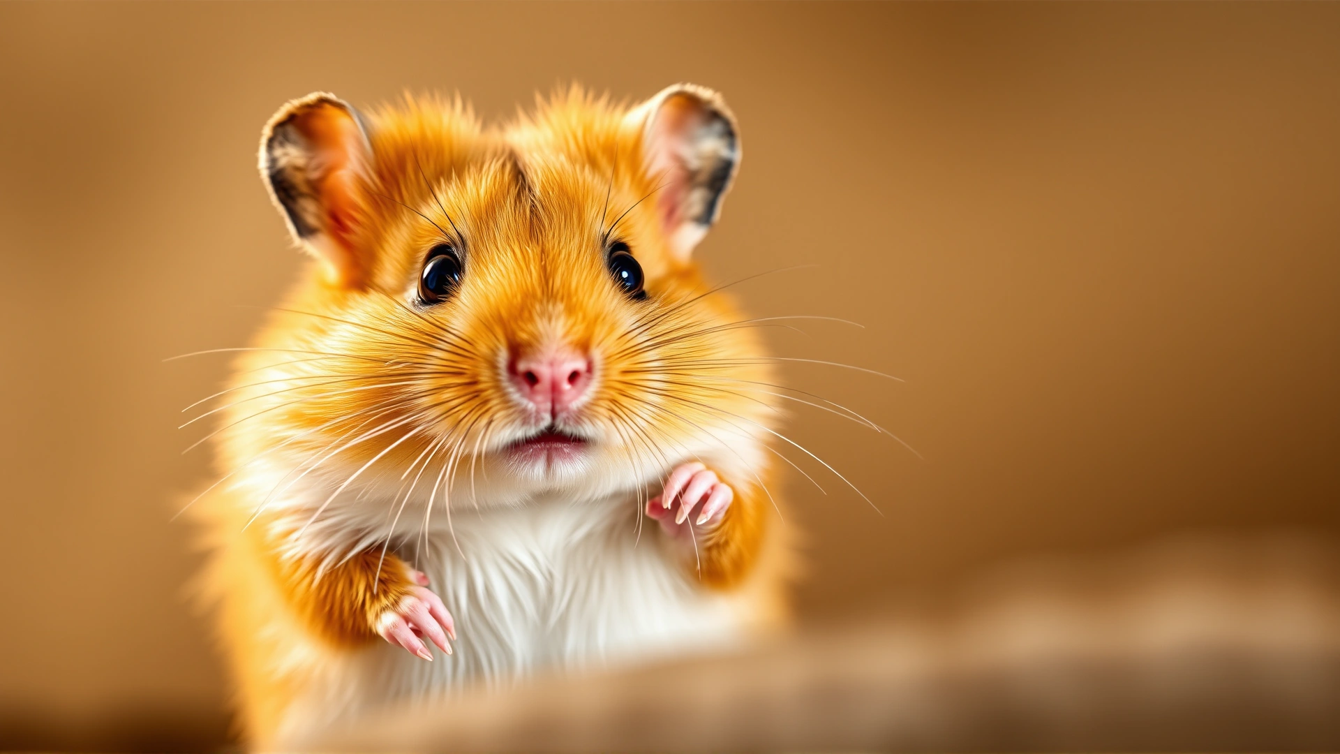 Close-up of a golden Syrian hamster standing on hind legs, looking curiously at the camera, warm lighting