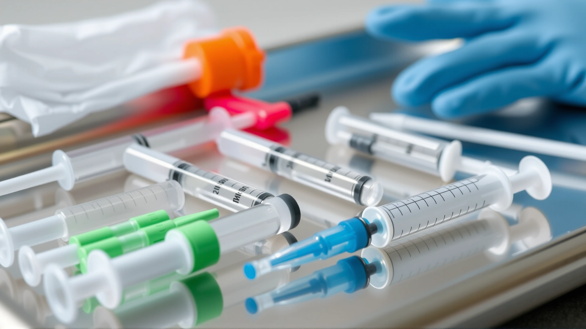 Sterile syringes, needles, alcohol swabs, and gloves neatly arranged on a stainless veterinary tray, close-up, no text