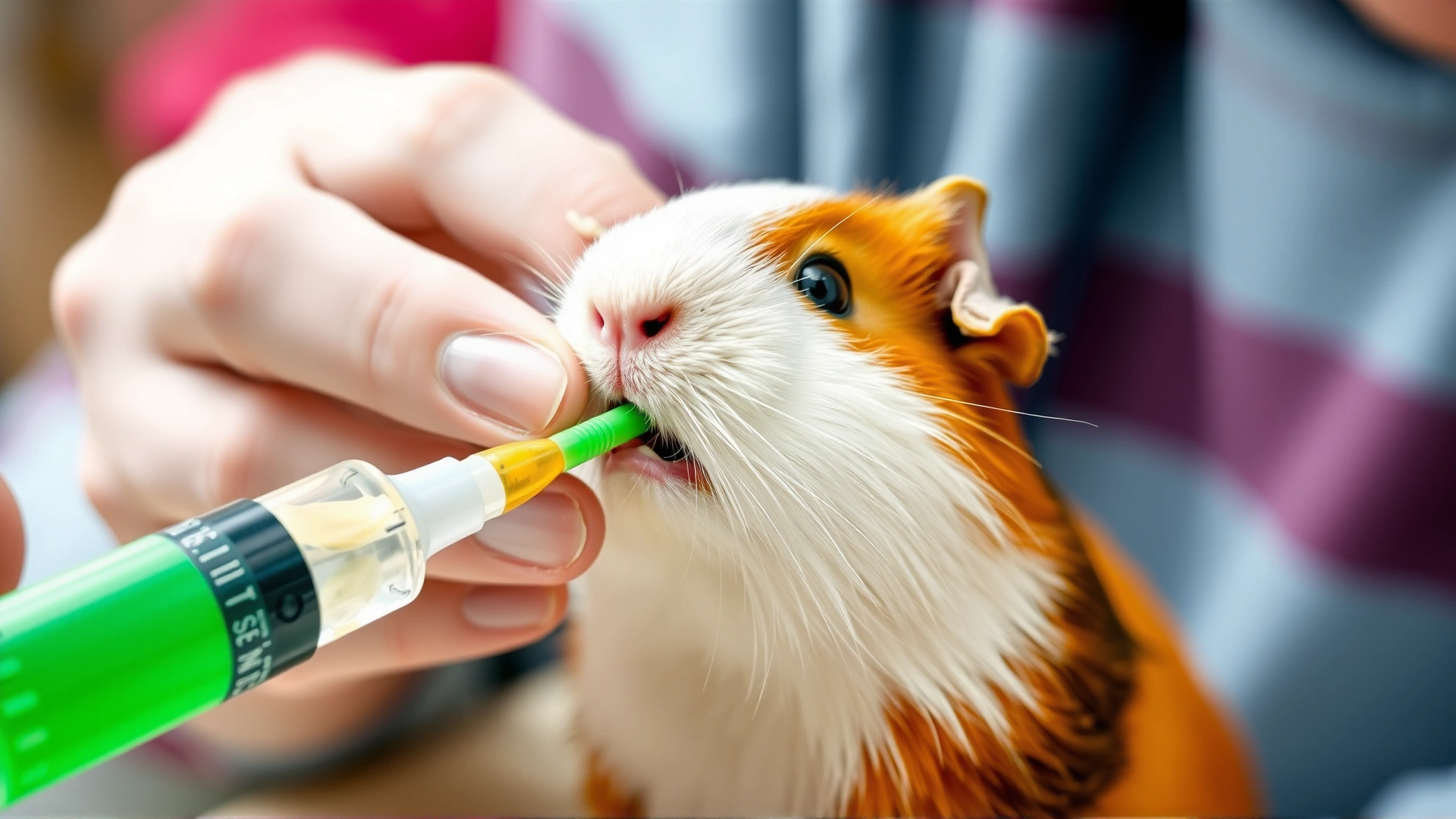 Close shot of an owner hand-feeding a guinea pig with a green oral syringe containing critical care formula
