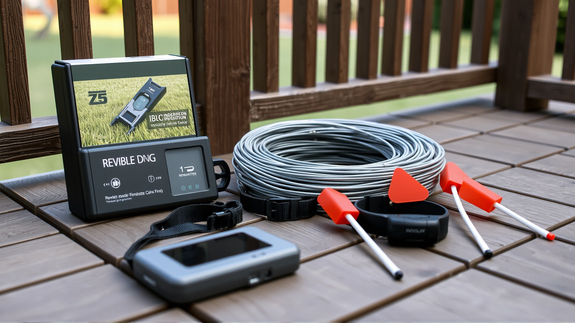 High-resolution image featuring the components of an underground invisible dog fence kit laying on a wooden deck: transmitter box, spool of boundary wire, electronic collar and boundary flags.
