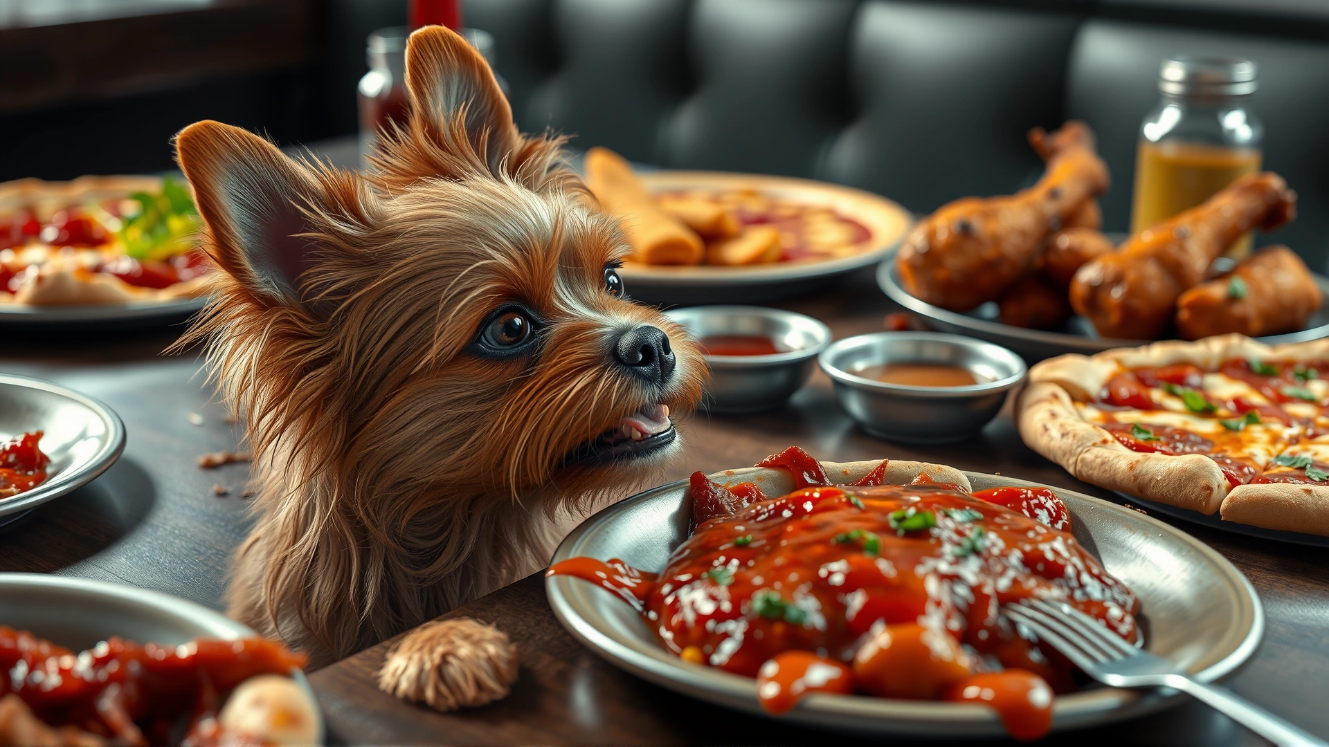 Small dog begging near a dining table covered with greasy and spicy human foods like pizza and fried chicken