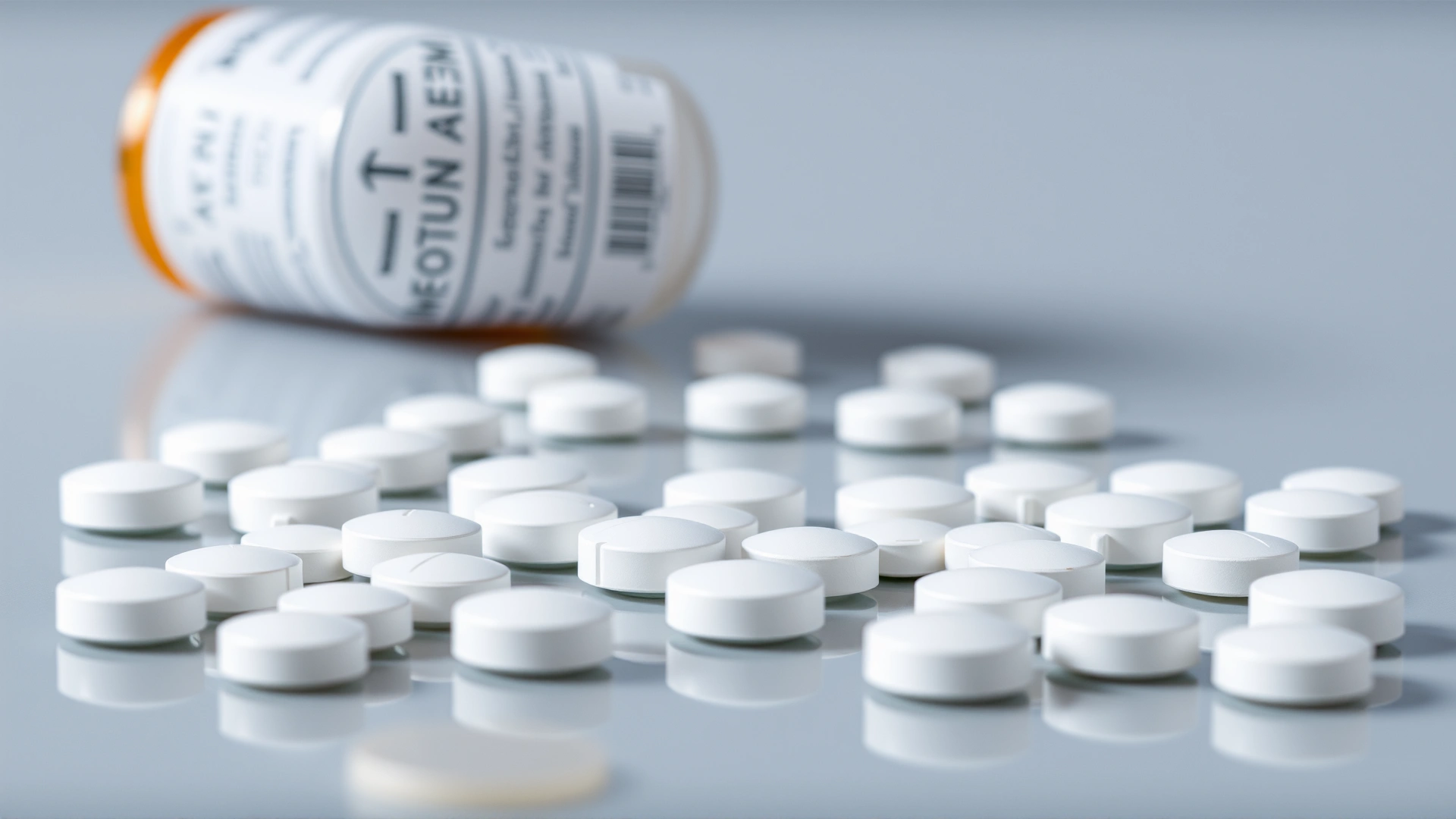 High-resolution photo of white round Methimazole tablets scattered on a clean surface with an unlabeled prescription bottle in the background.