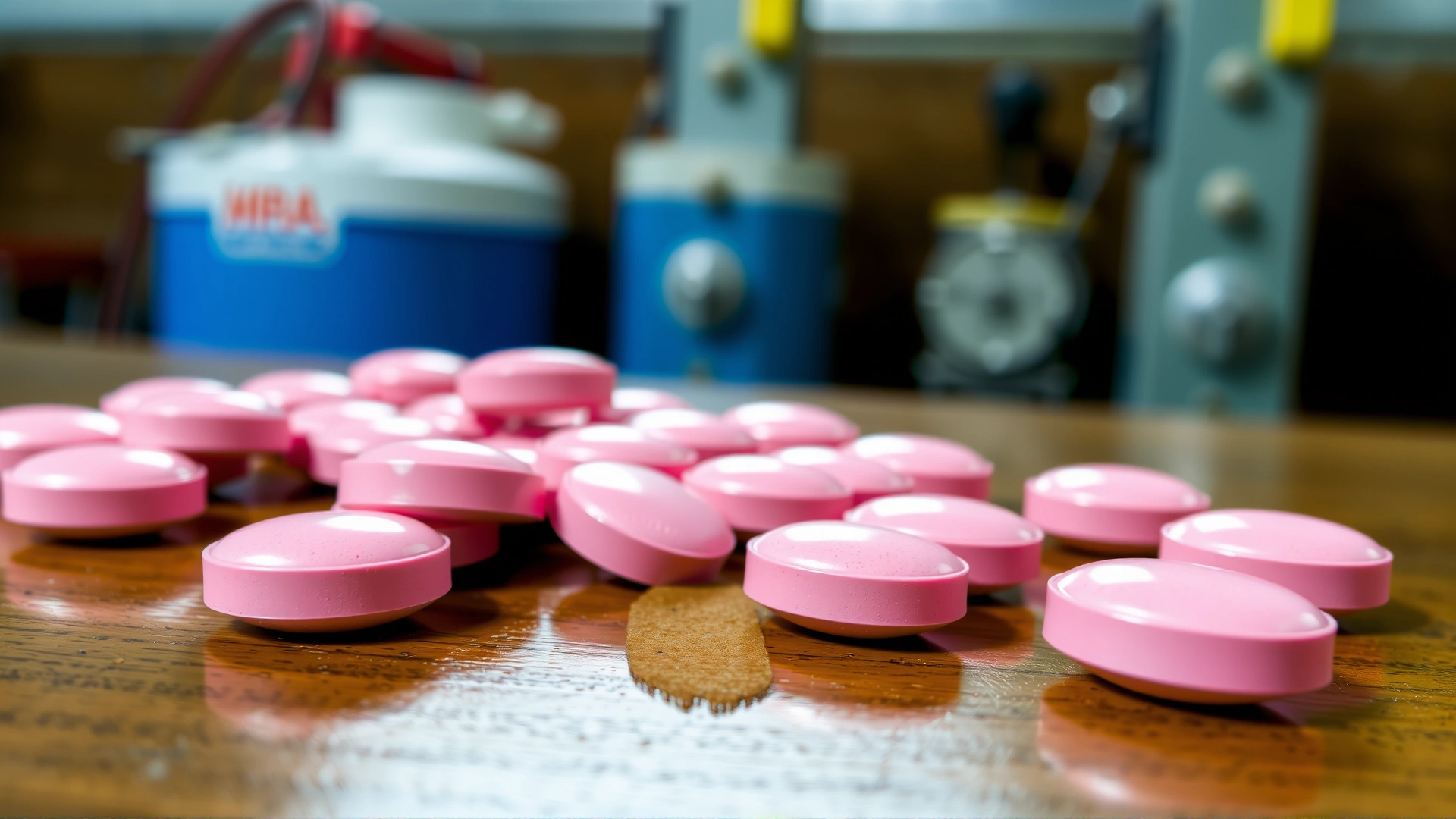 Macro shot of pink pergolide tablets arranged neatly on a wooden table with blurred stable equipment in the background.