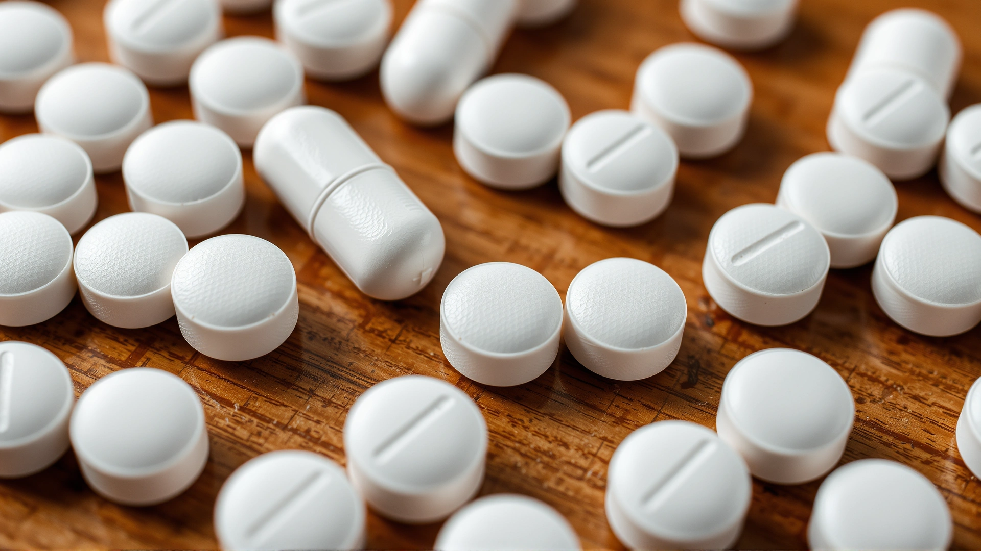 Macro shot of white, round sucralfate tablets scattered neatly on a wooden surface.