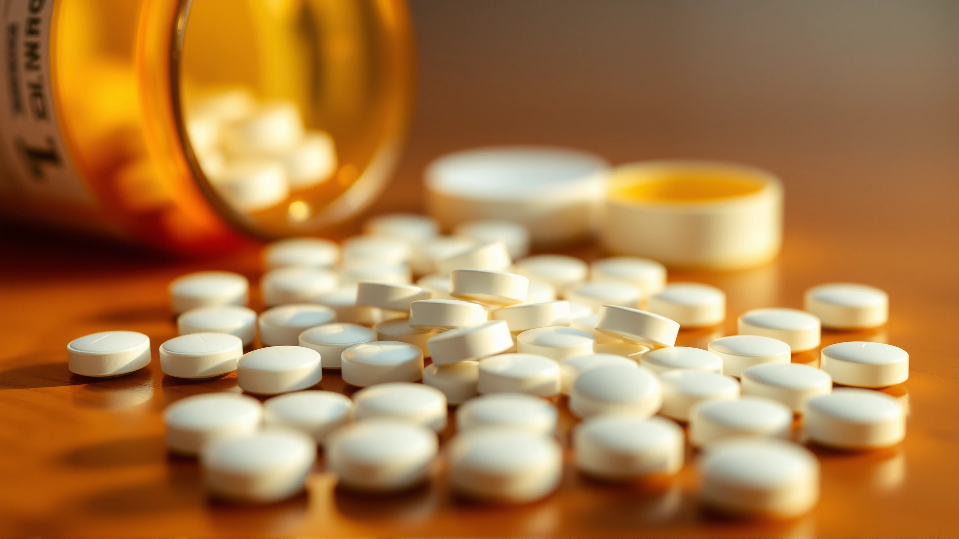 Macro shot of small, white round tablets scattered on a wooden surface with a blurred, unlabeled pill bottle in the background; soft daylight.